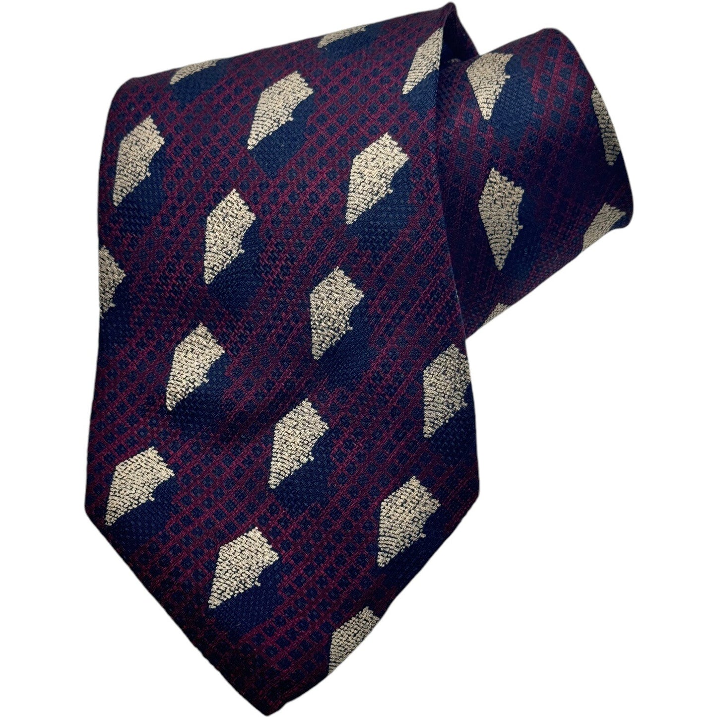 Allea Milano 100% Blue Maroon & Cream Geometric Silk Textured Neck Tie 57” x 4”