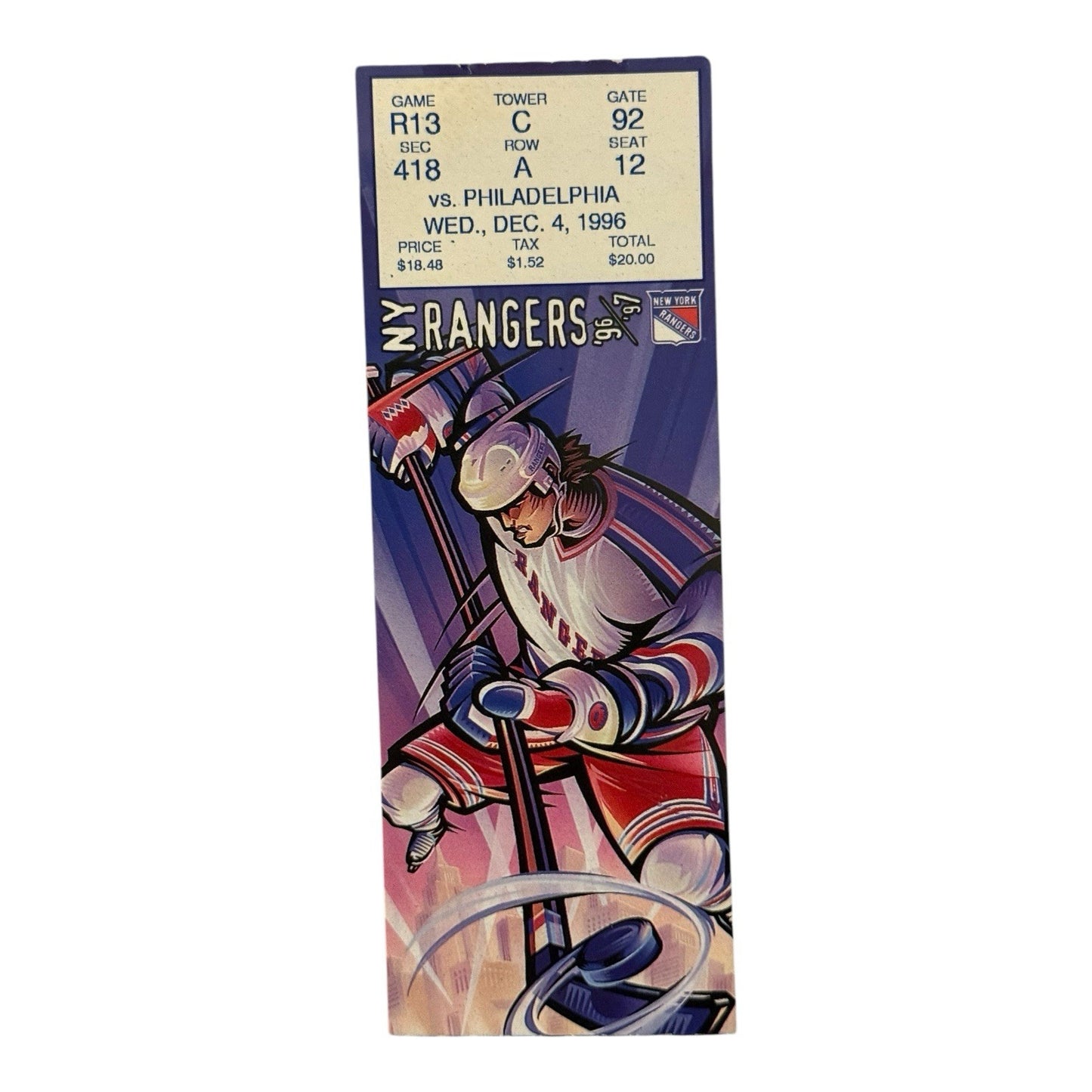 New York Rangers vs Philadelphia Flyers Ticket Stub - Dec 4, 1996 MSG NHL Game