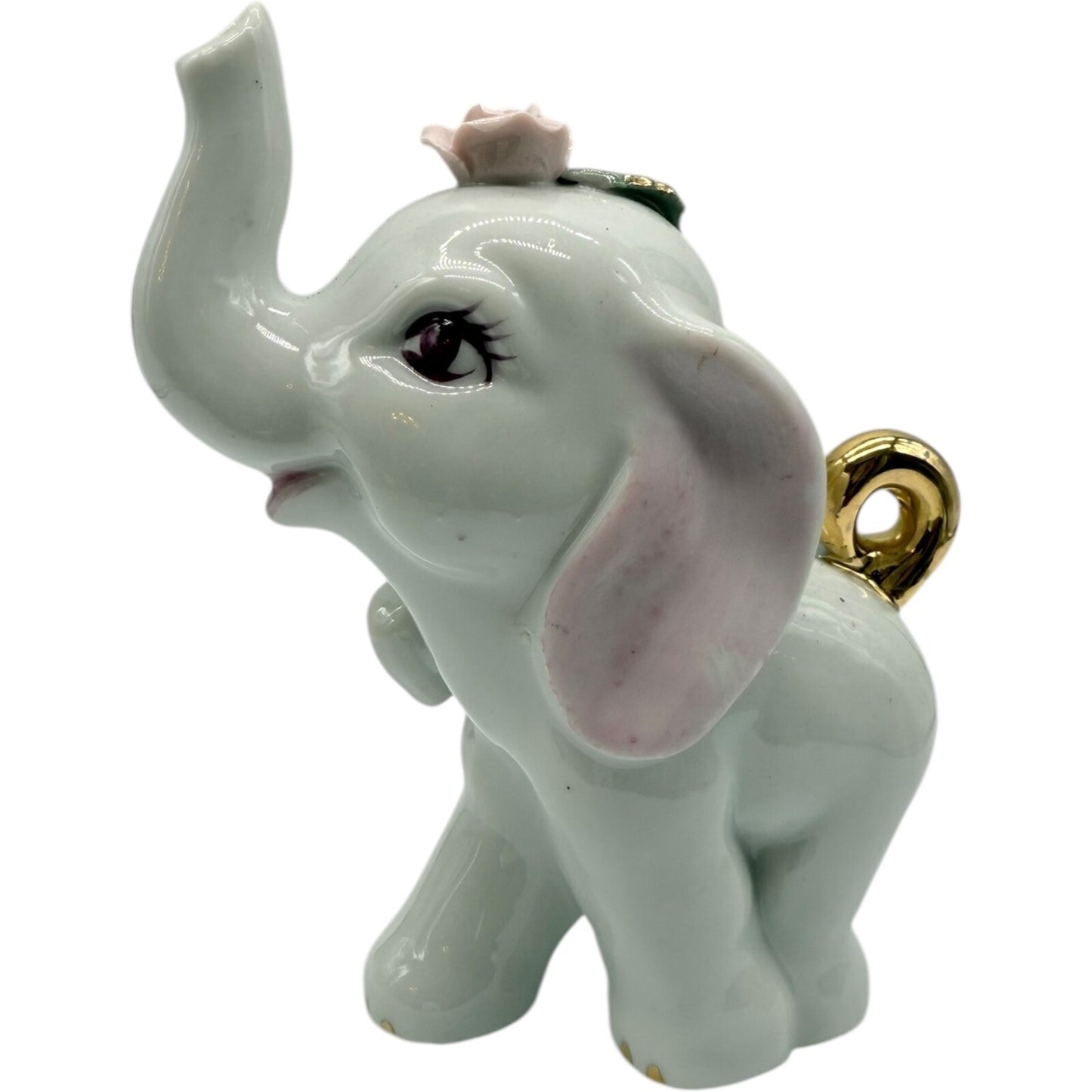 Vintage White Ceramic Elephant Figurine with Gold Tail & Highlighted Flowers