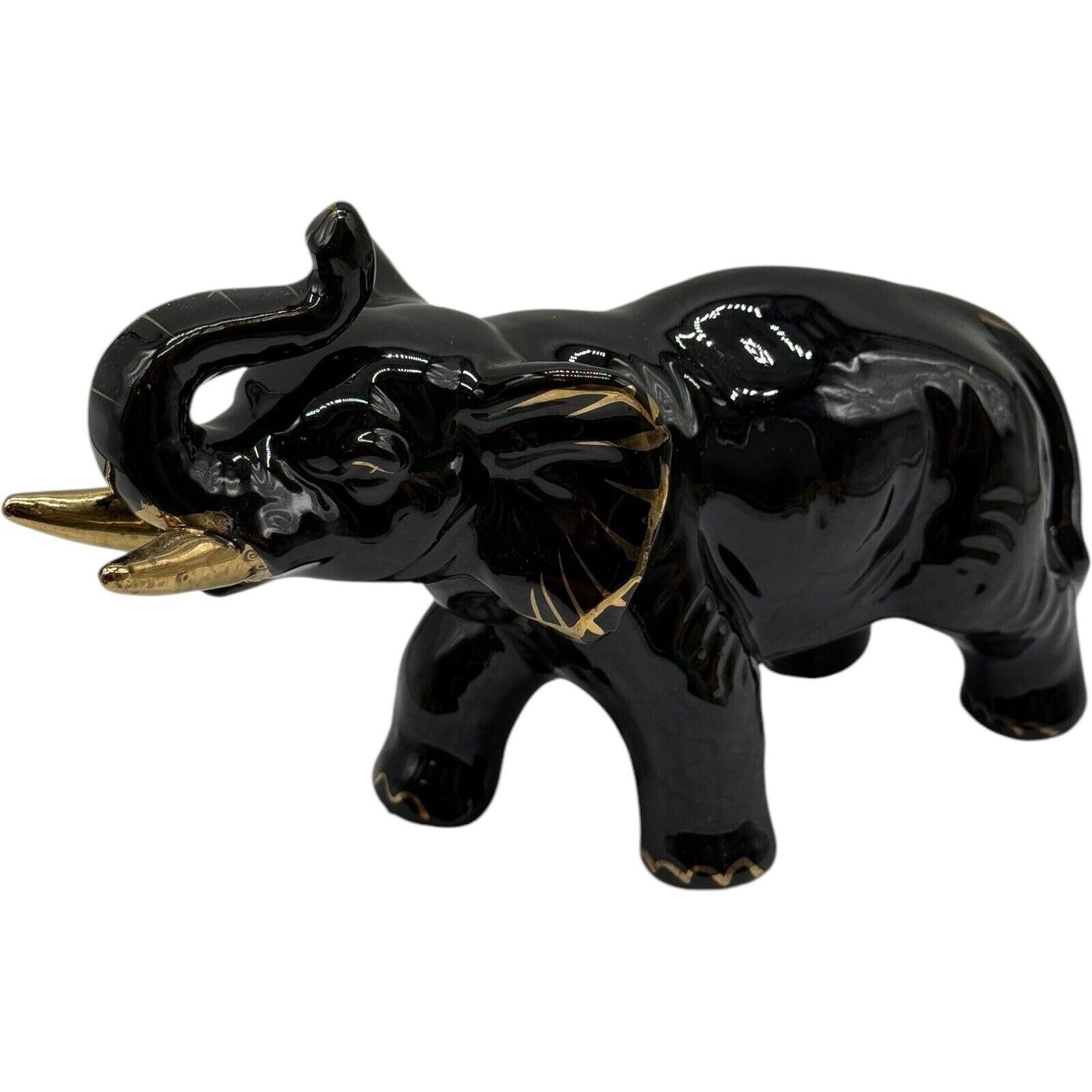 Black Elephant Figurine Gold Accents Ceramic Animal Statue Home Decor