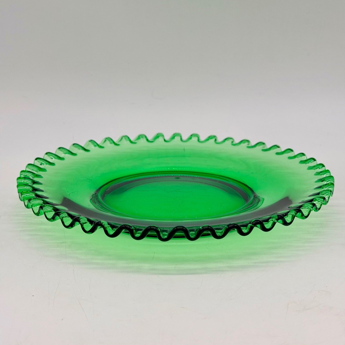 Vintage Emerald Green Glass Plates Set of 12 Ruffled Pie Crust Rim Dessert Salad