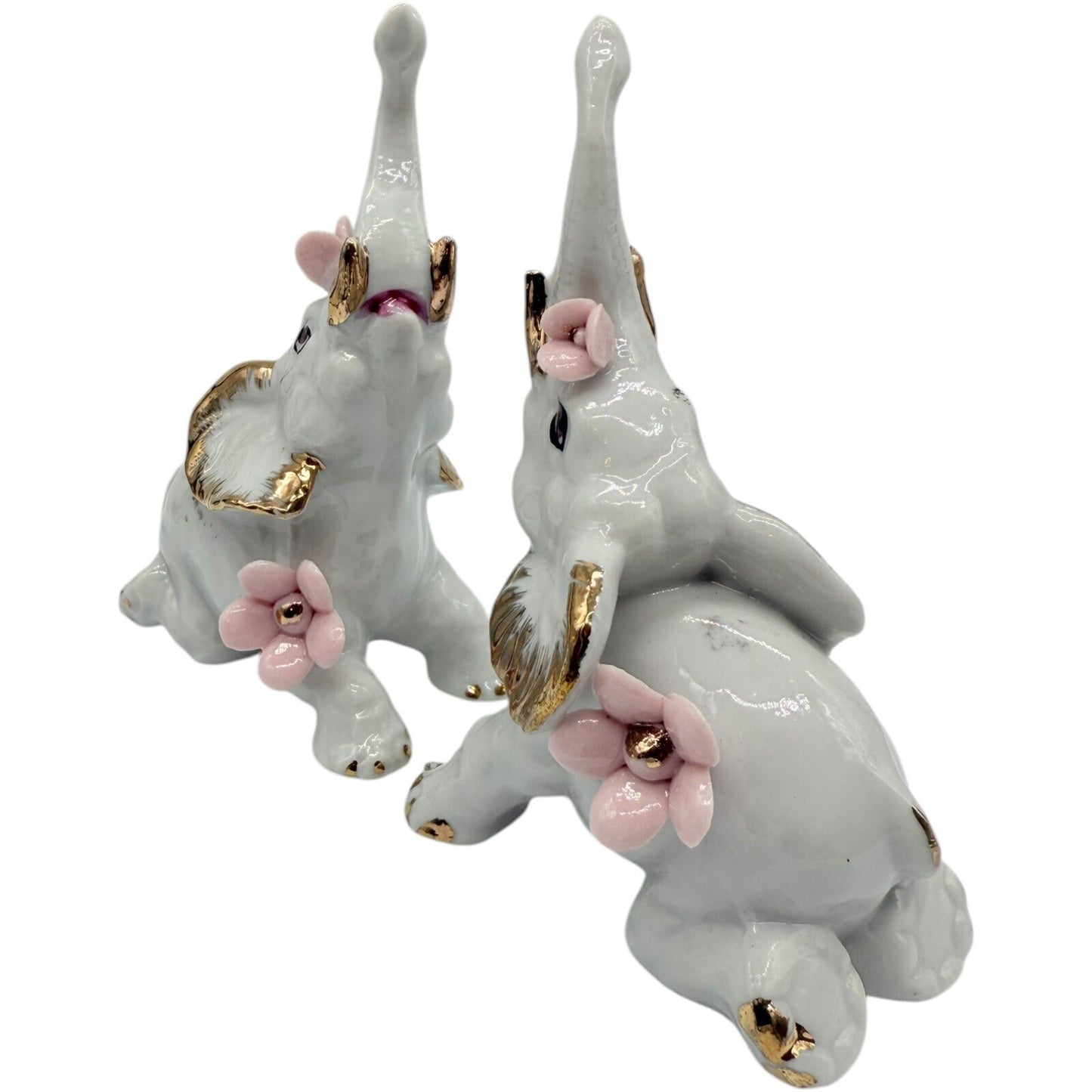 Elephant Figurines White Porcelain Gold Trim Pink Flowers Home Decor Set