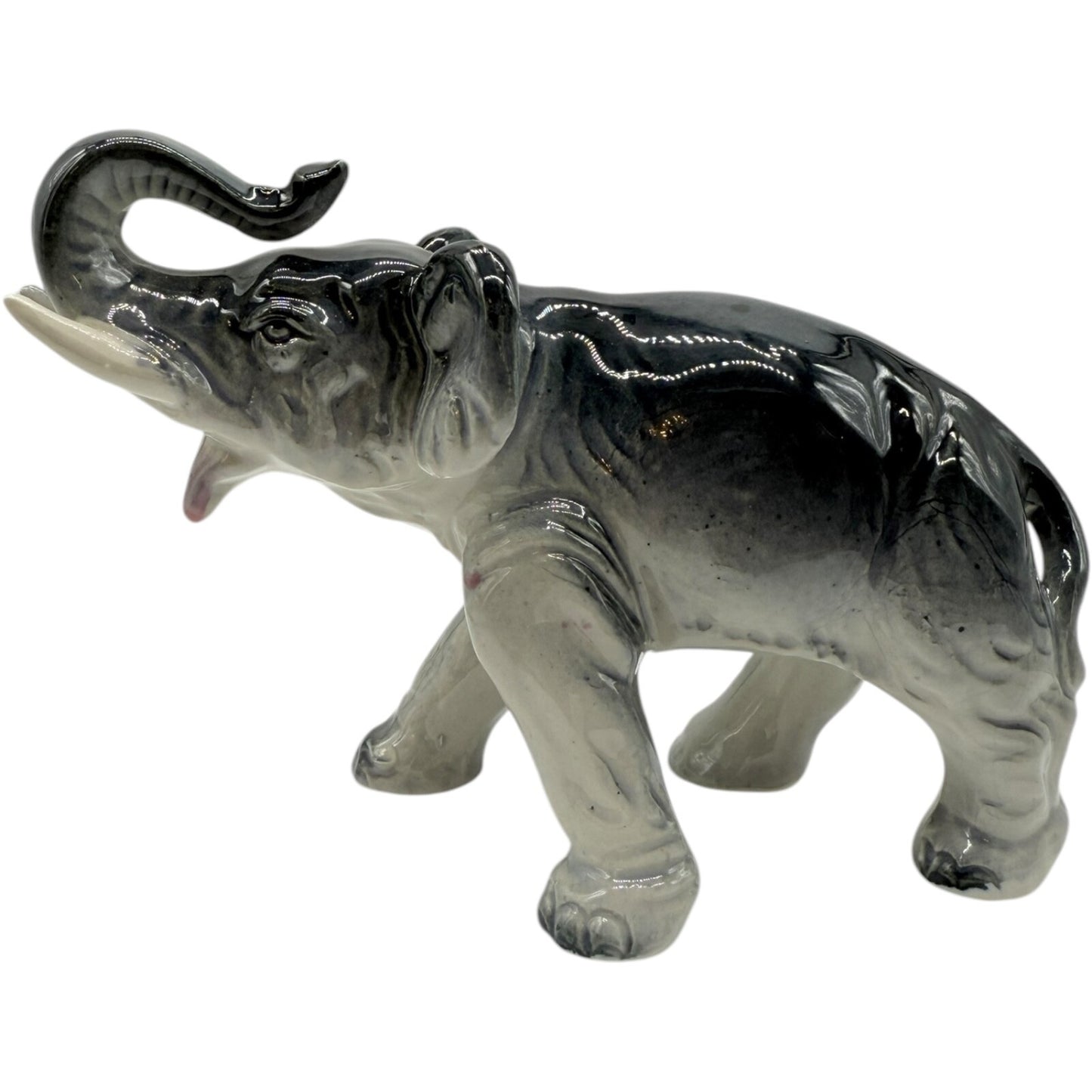 Vintage Japanese Dark Grey Porcelain Elephant Figurine - Trunk Up - Collectible