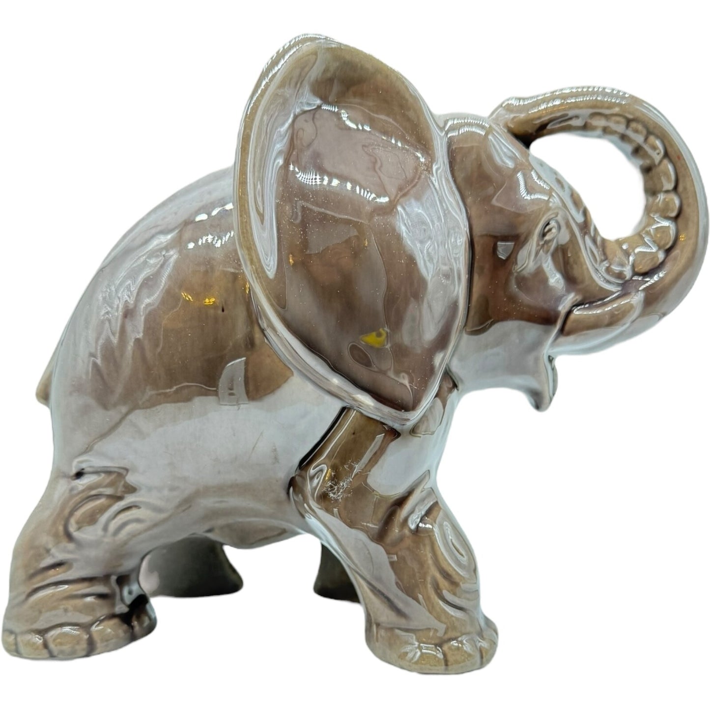 Vintage Porcelain Elephant Figurine 7" Japan | Trunk Up Good Luck | Gray/Brown