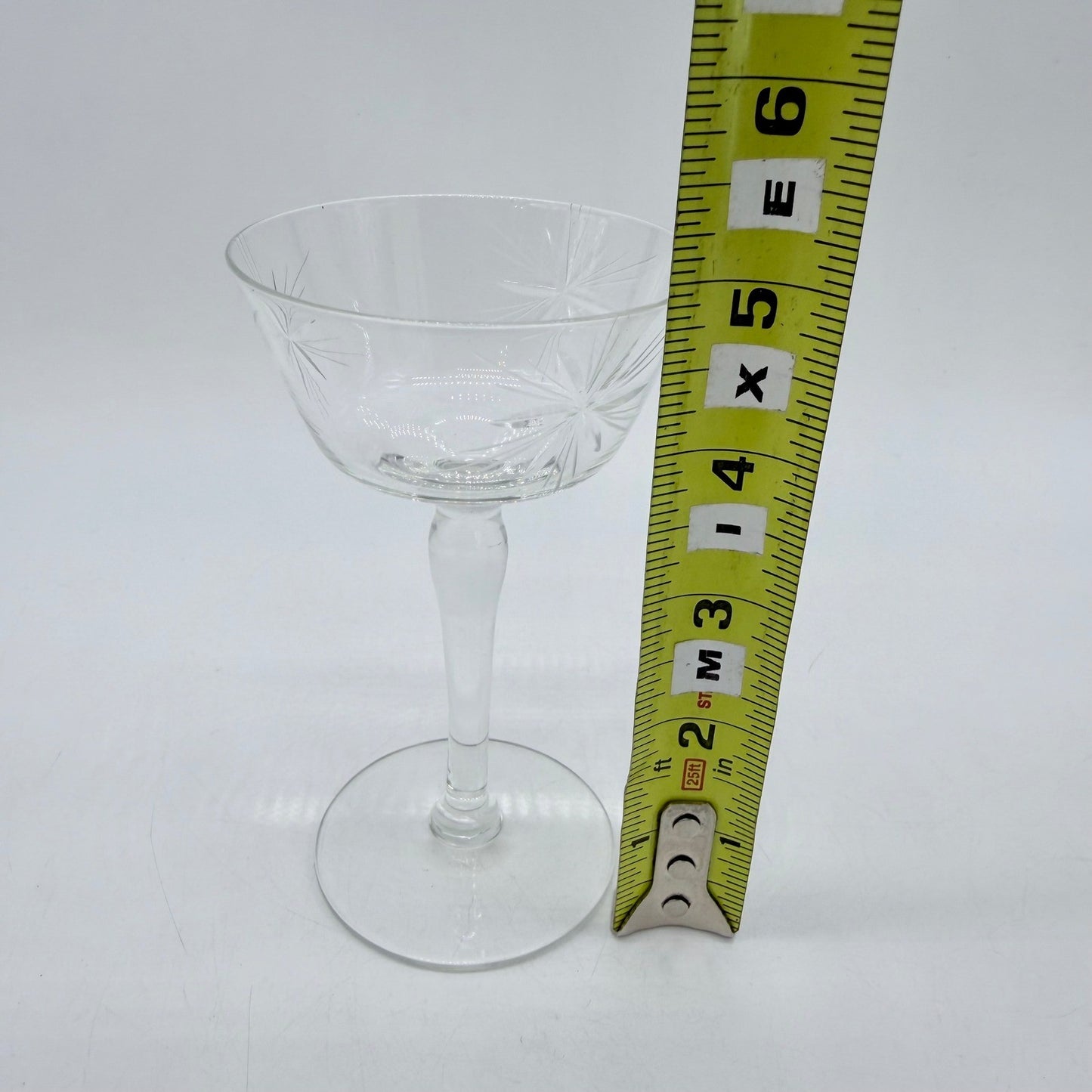 Vintage Etched Starburst Glass Stemware Set 7pc Flutes Wine Goblets Coupes MCM