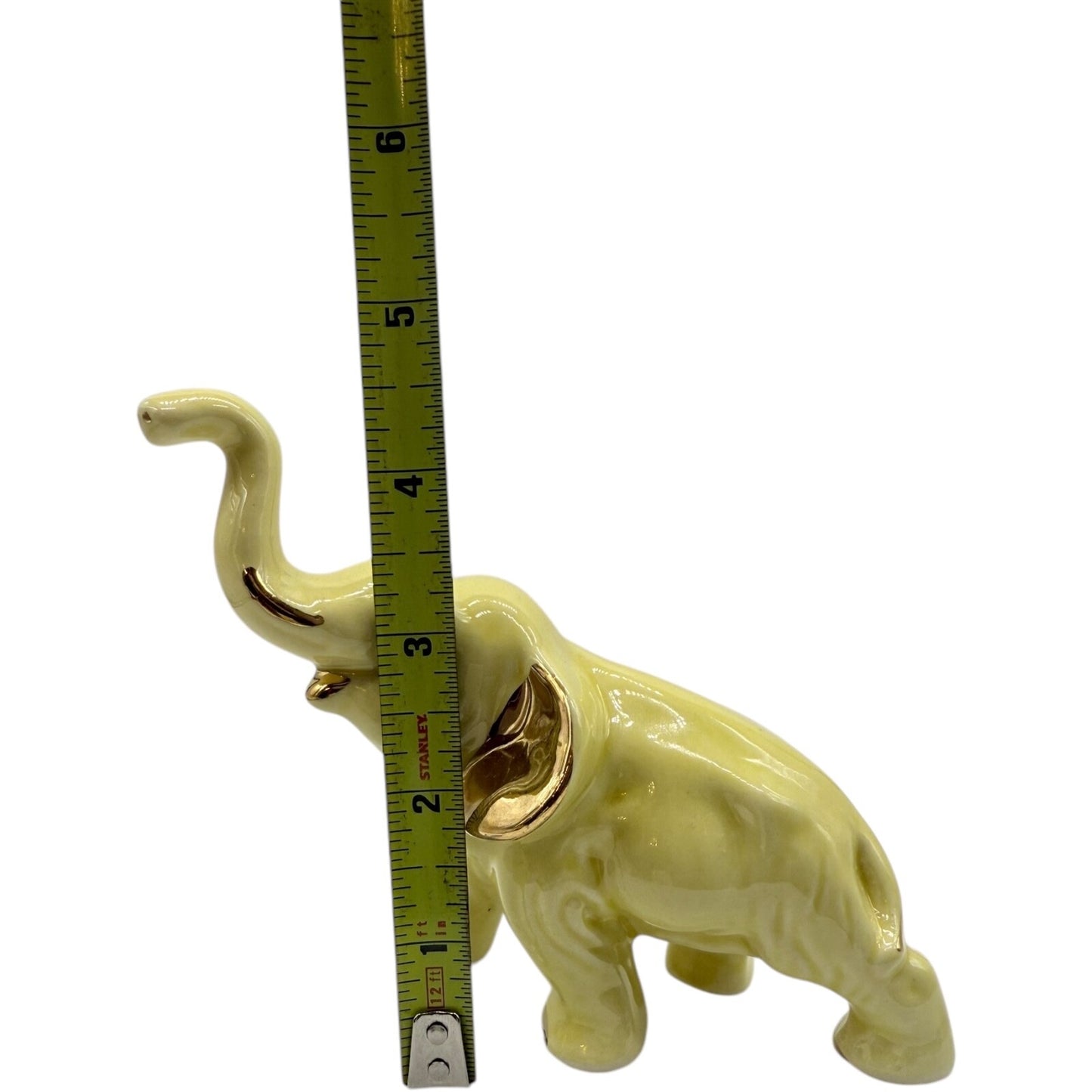 Vintage Ceramic Elephant Figurine Trunk Up | Yellow with Golden Trim | Good Luck