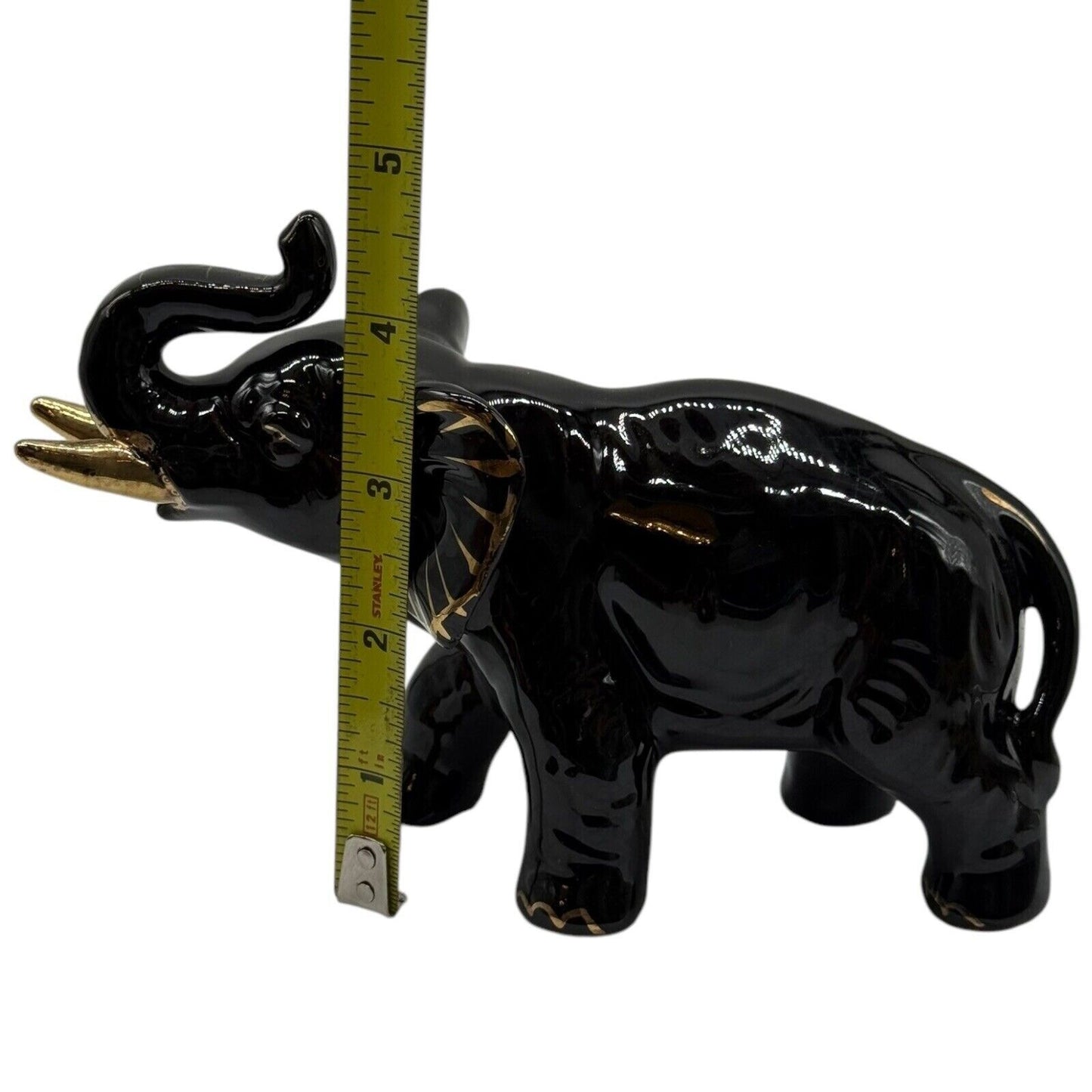 Black Elephant Figurine Gold Accents Ceramic Animal Statue Home Decor