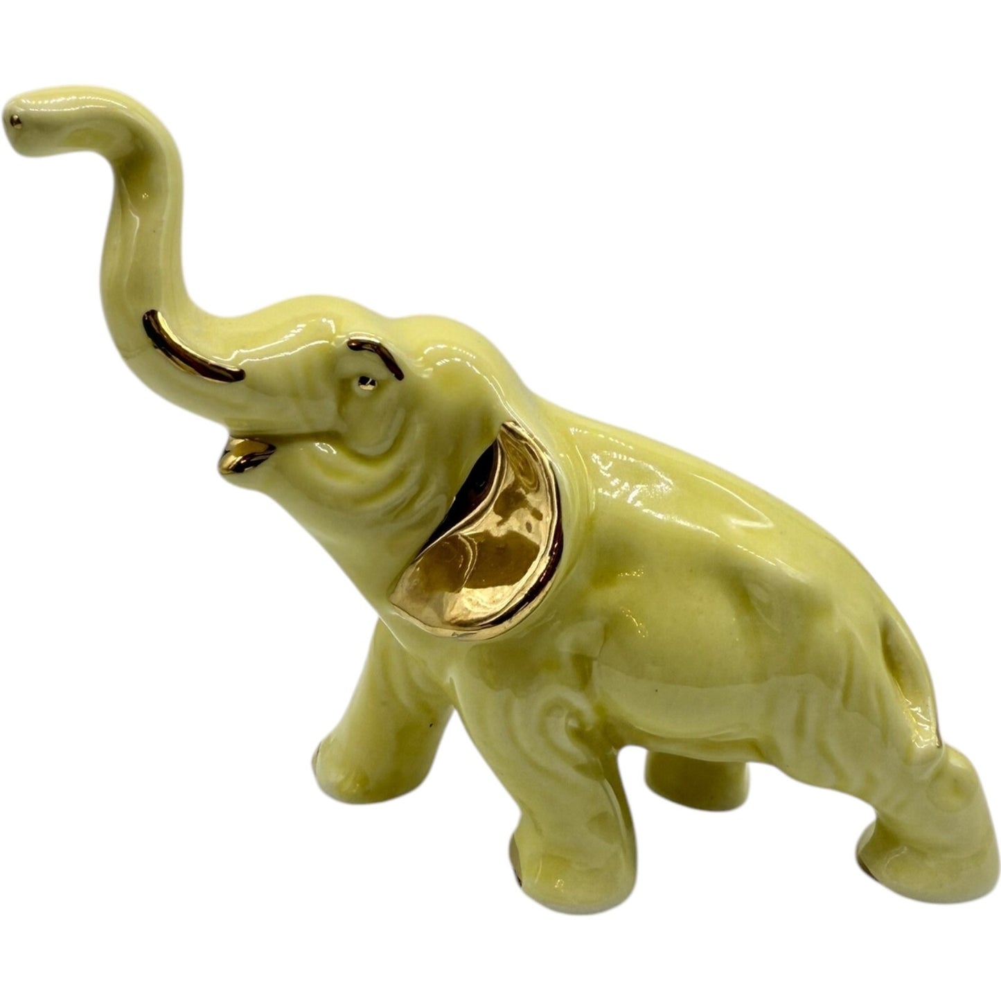 Vintage Ceramic Elephant Figurine Trunk Up | Yellow with Golden Trim | Good Luck