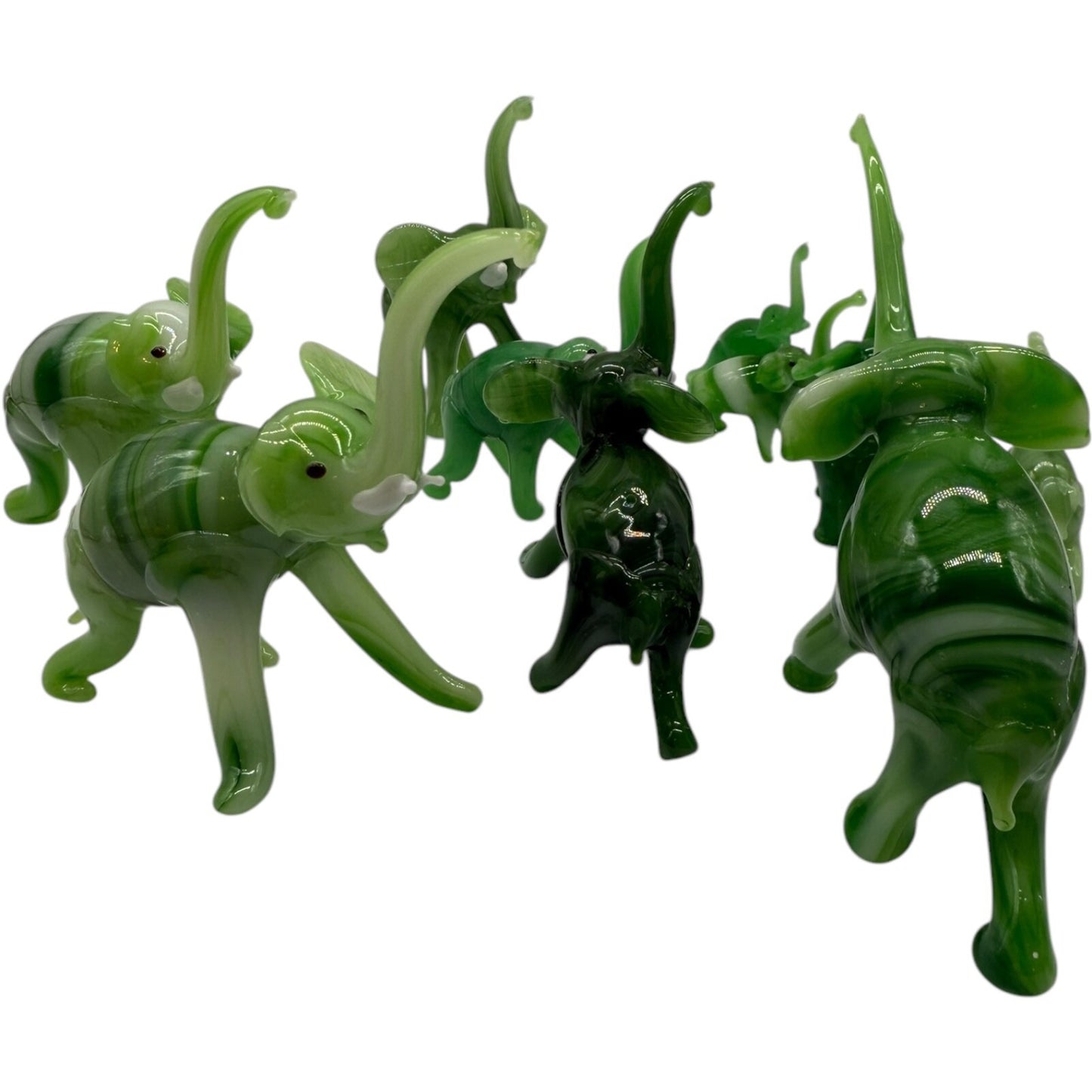 Hand Blown Glass Elephant Set - Swirled Green Family of 10 Vintage Collectibles