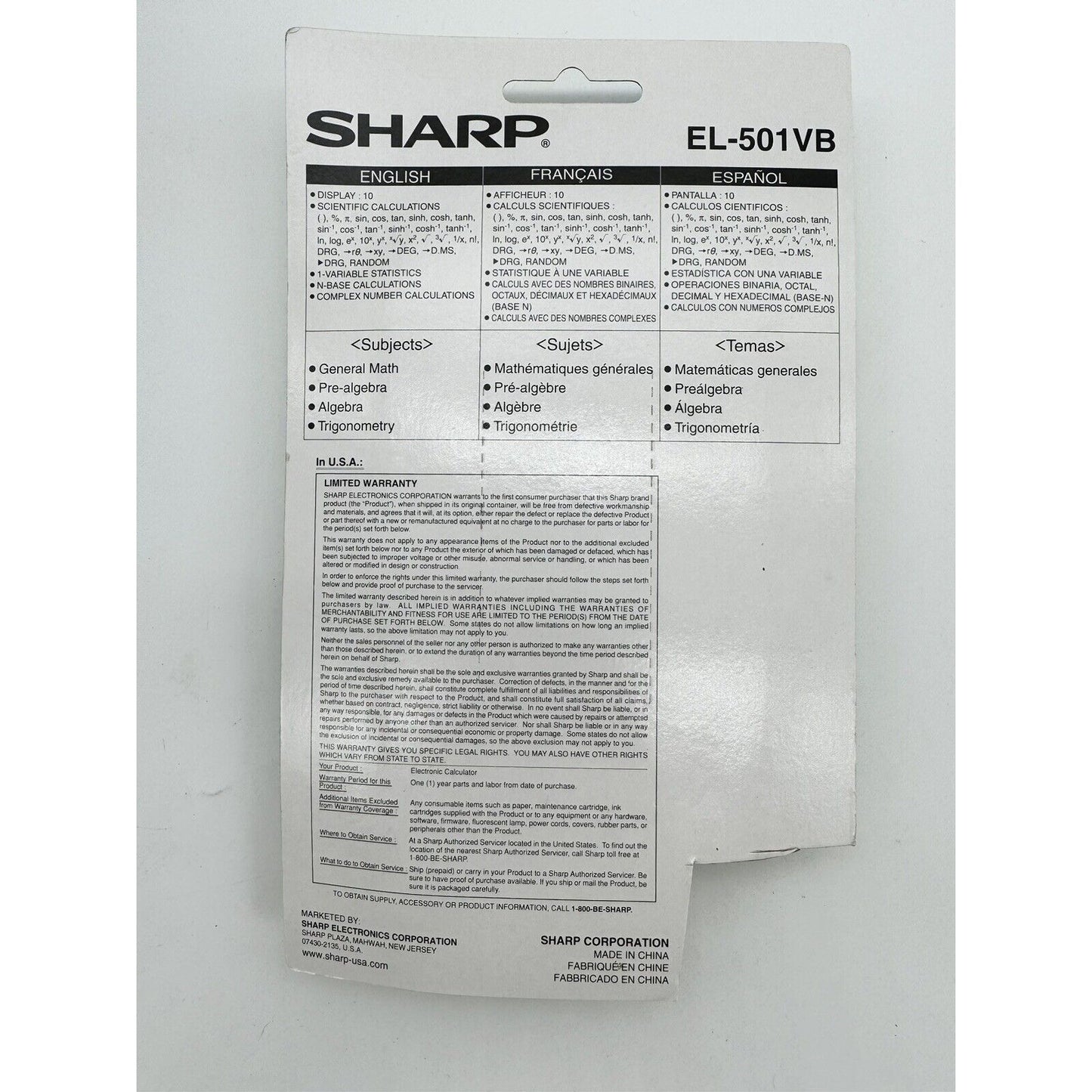 SHARP EL-501V Scientific Calculator