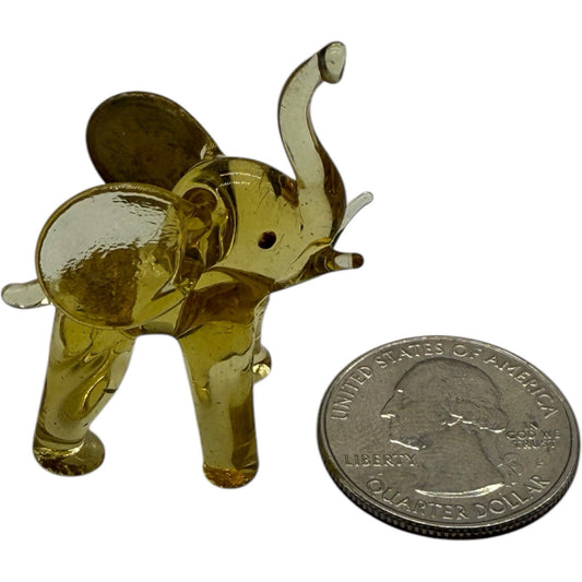 Hand Blown Glass Elephant Figurine - Yellow, Miniature, Made in Italy, Trunk Up