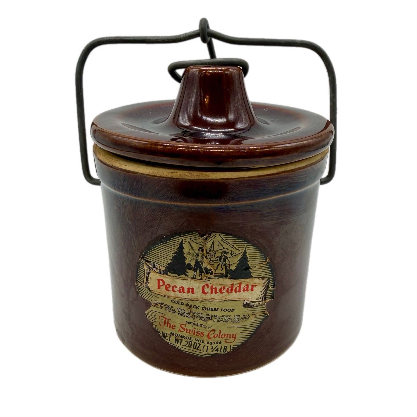 Vintage Swiss Colony Pecan Cheddar Crock Jug Jar with Lid Wire Handle