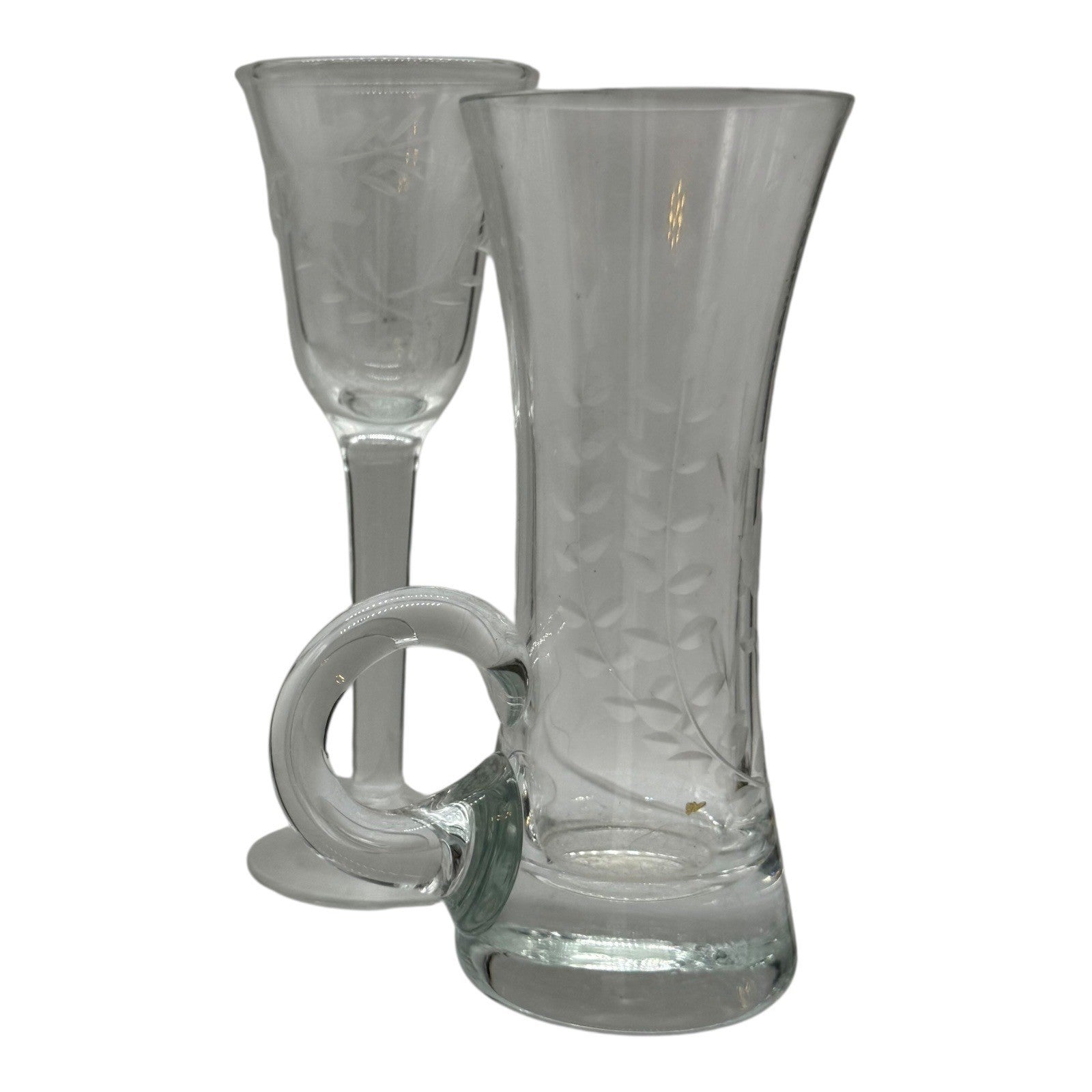 Etched Glass Vase & Wine Glass Set Floral Design Bud Vase Stemware
