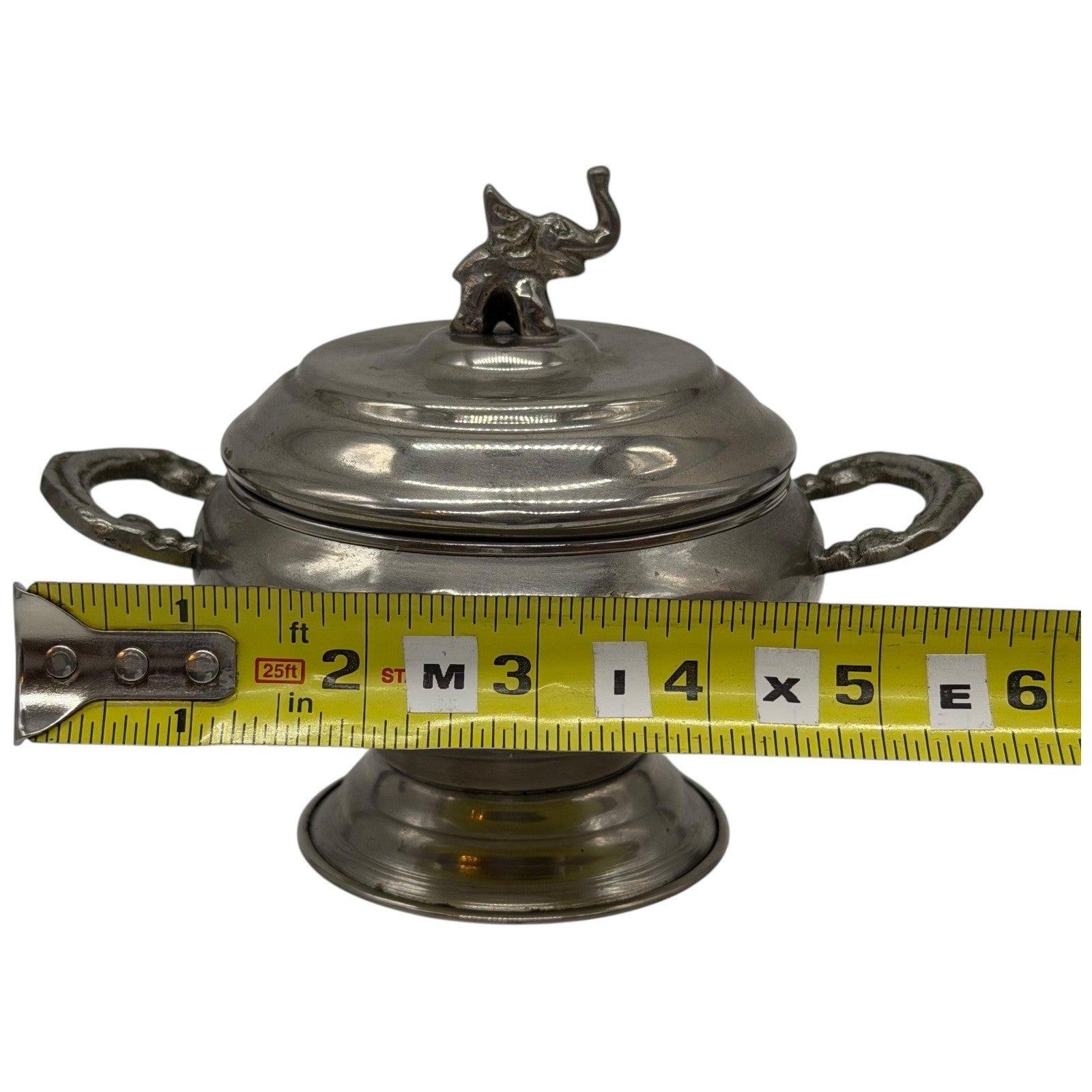 Vintage Pewter Elephant Lidded Sugar Bowl Trinket Dish With Handles