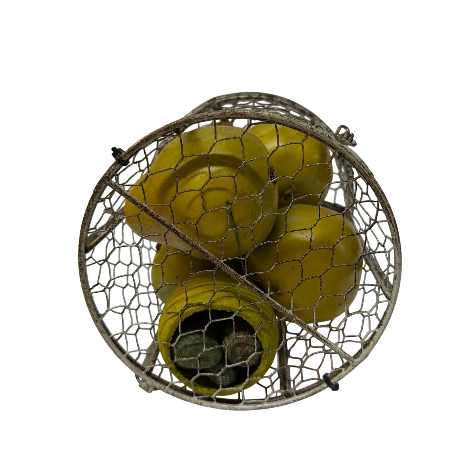 Rustic Wire Birdcage Basket with Faux Yellow Pears Farmhouse Decor Centerpiece