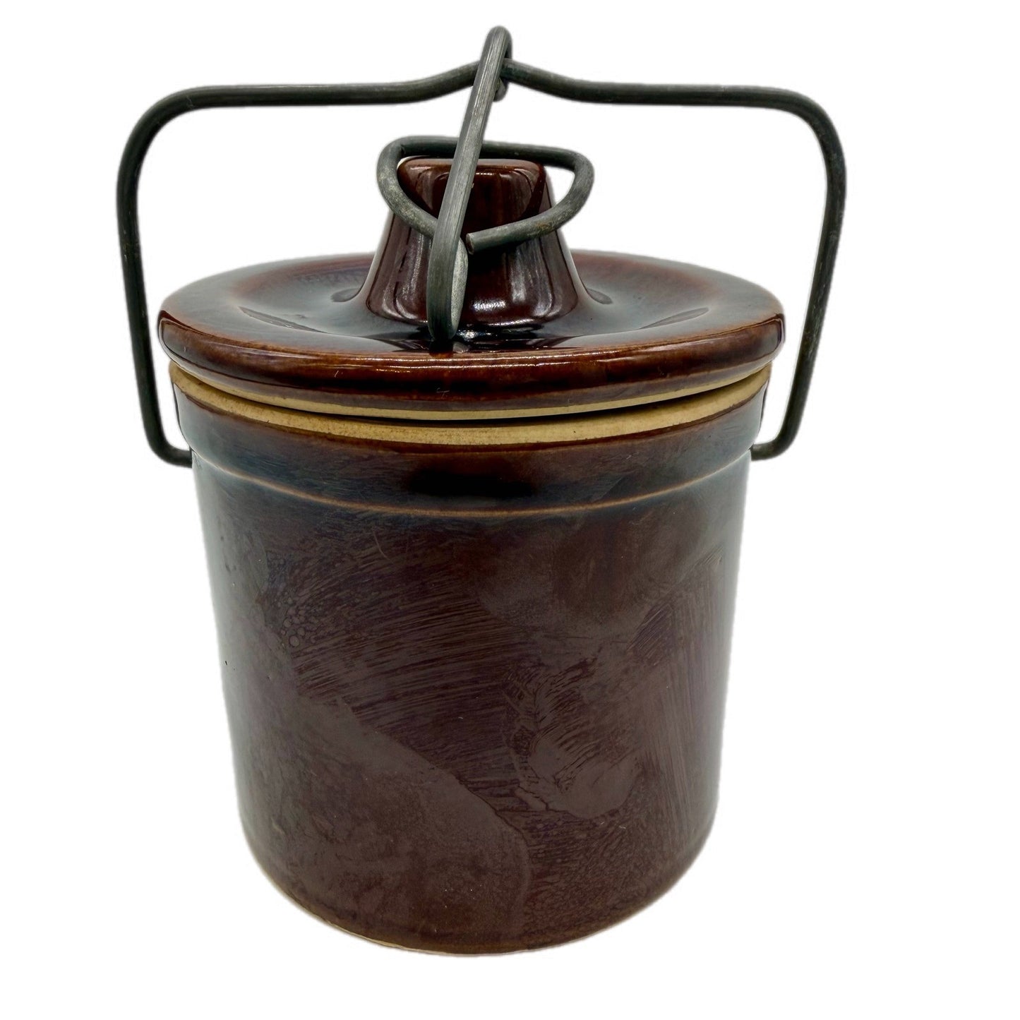 Vintage Swiss Colony Pecan Cheddar Crock Jug Jar with Lid Wire Handle