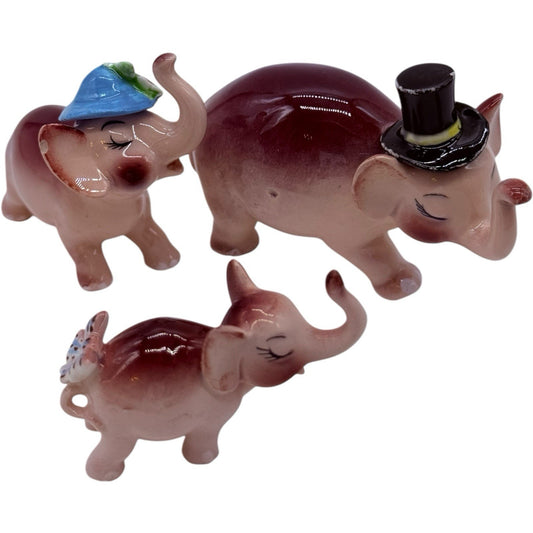 Rare Vintage Ceramic Anthropomorphic Elephant Family Figurines Complete 3 Pc Set