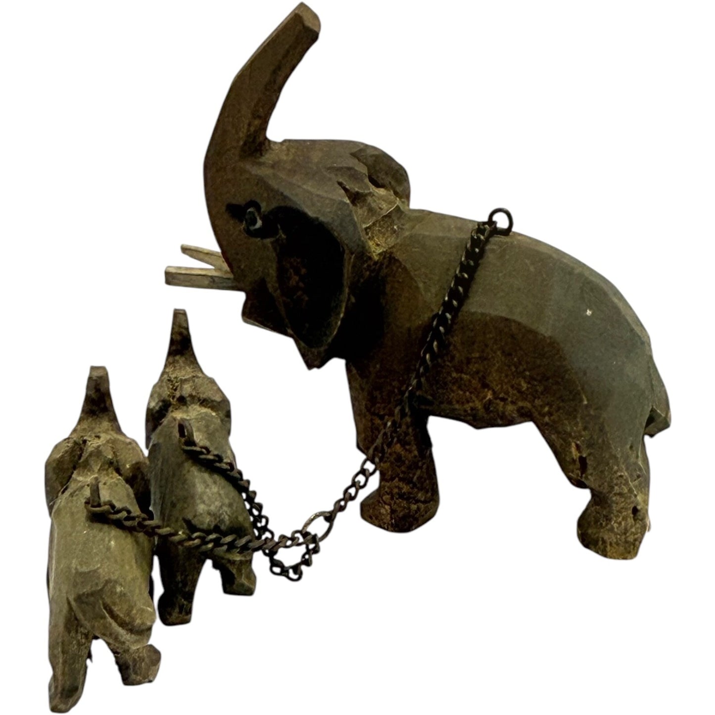 Vintage 1950s German Hand-Carved Wooden Elephant Toy Set with 2 Baby Elephants