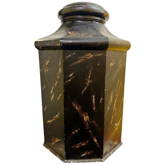 Vintage Metal Octagonal Canister Distressed Black Gold Tea Caddy Style Decor