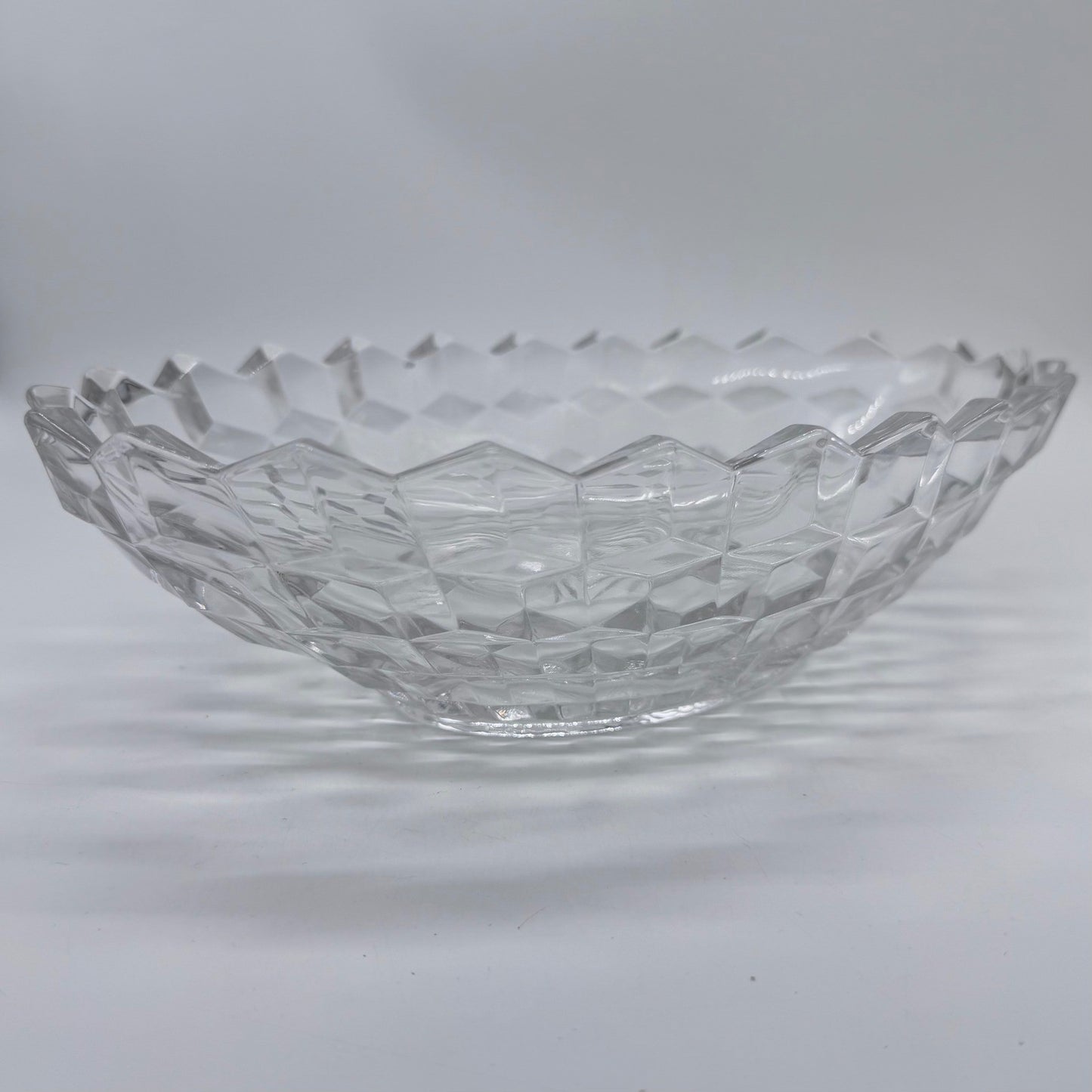 Vintage Cut Glass Serving Bowl Diamond Pattern Scalloped Rim 11 Inch