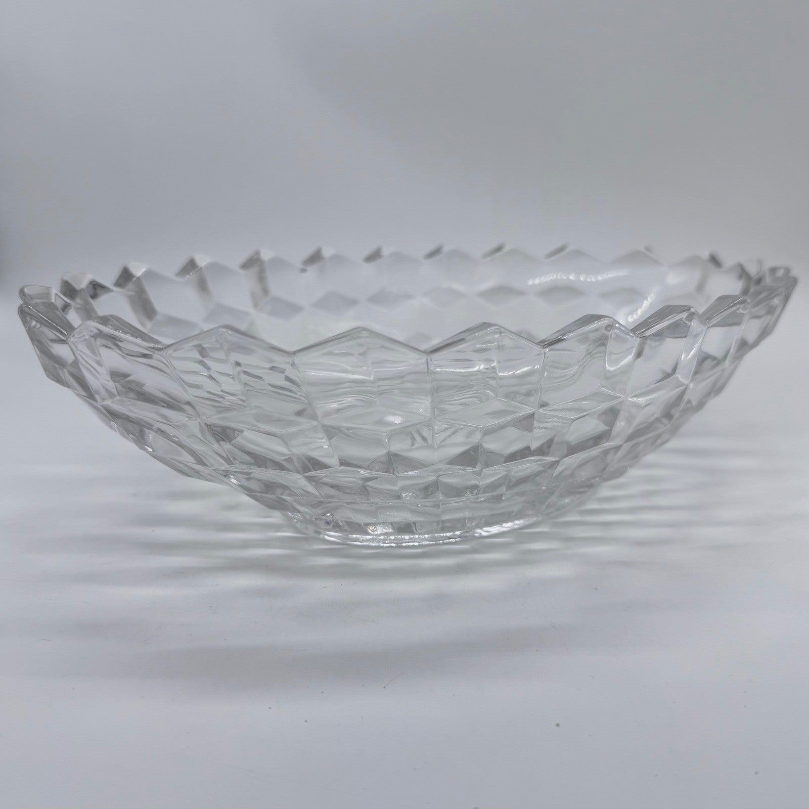 Vintage Cut Glass Serving Bowl Diamond Pattern Scalloped Rim 11 Inch