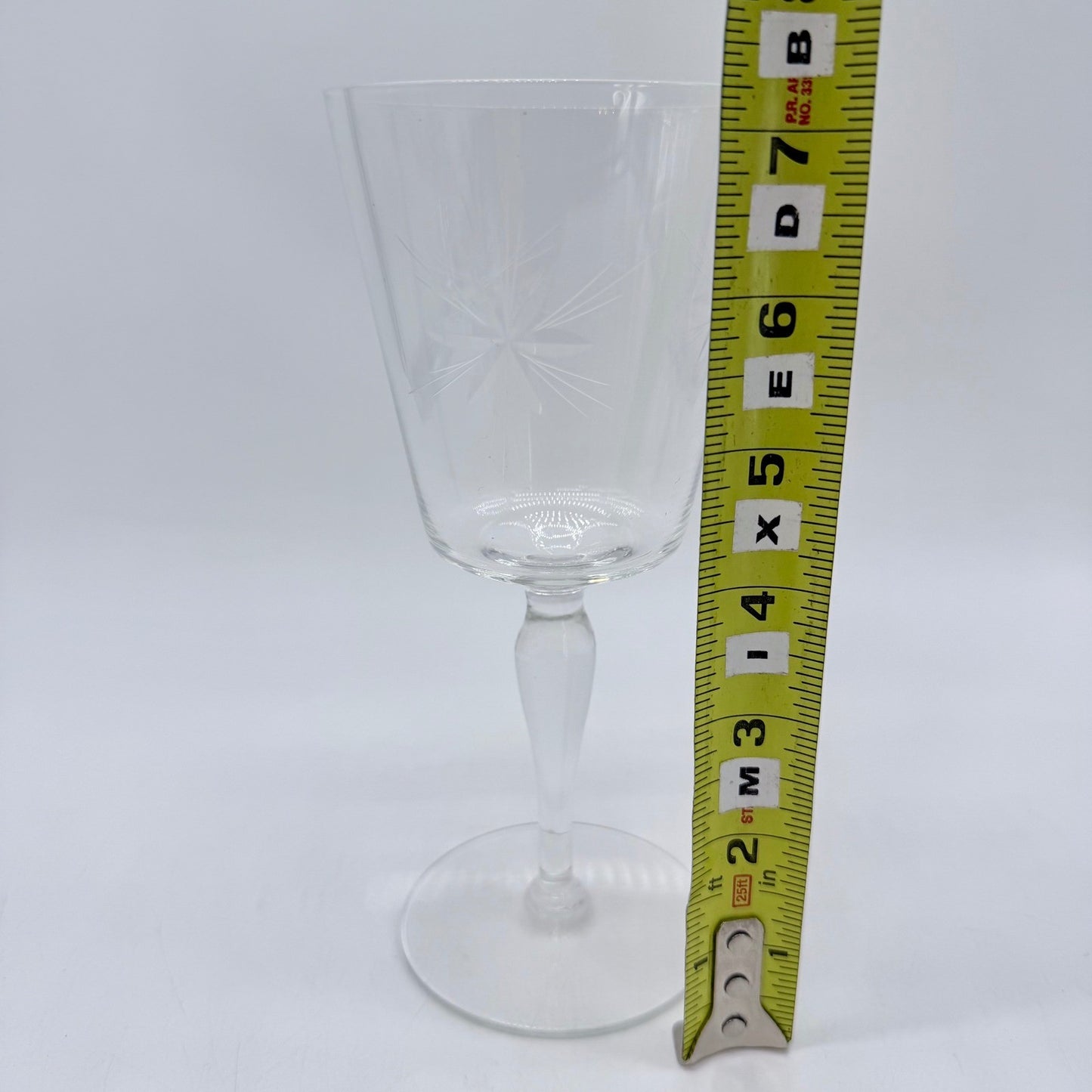Vintage Etched Starburst Glass Stemware Set 7pc Flutes Wine Goblets Coupes MCM