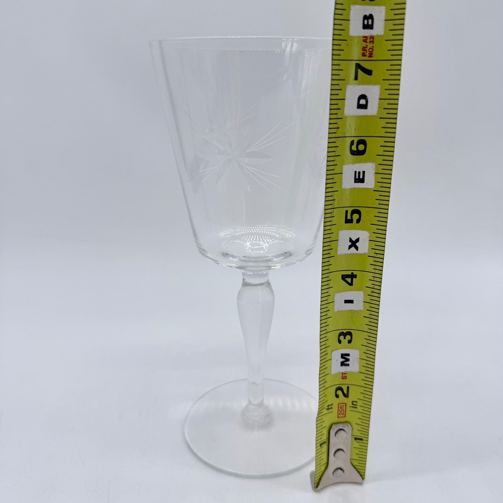 Vintage Etched Starburst Glass Stemware Set 7pc Flutes Wine Goblets Coupes MCM