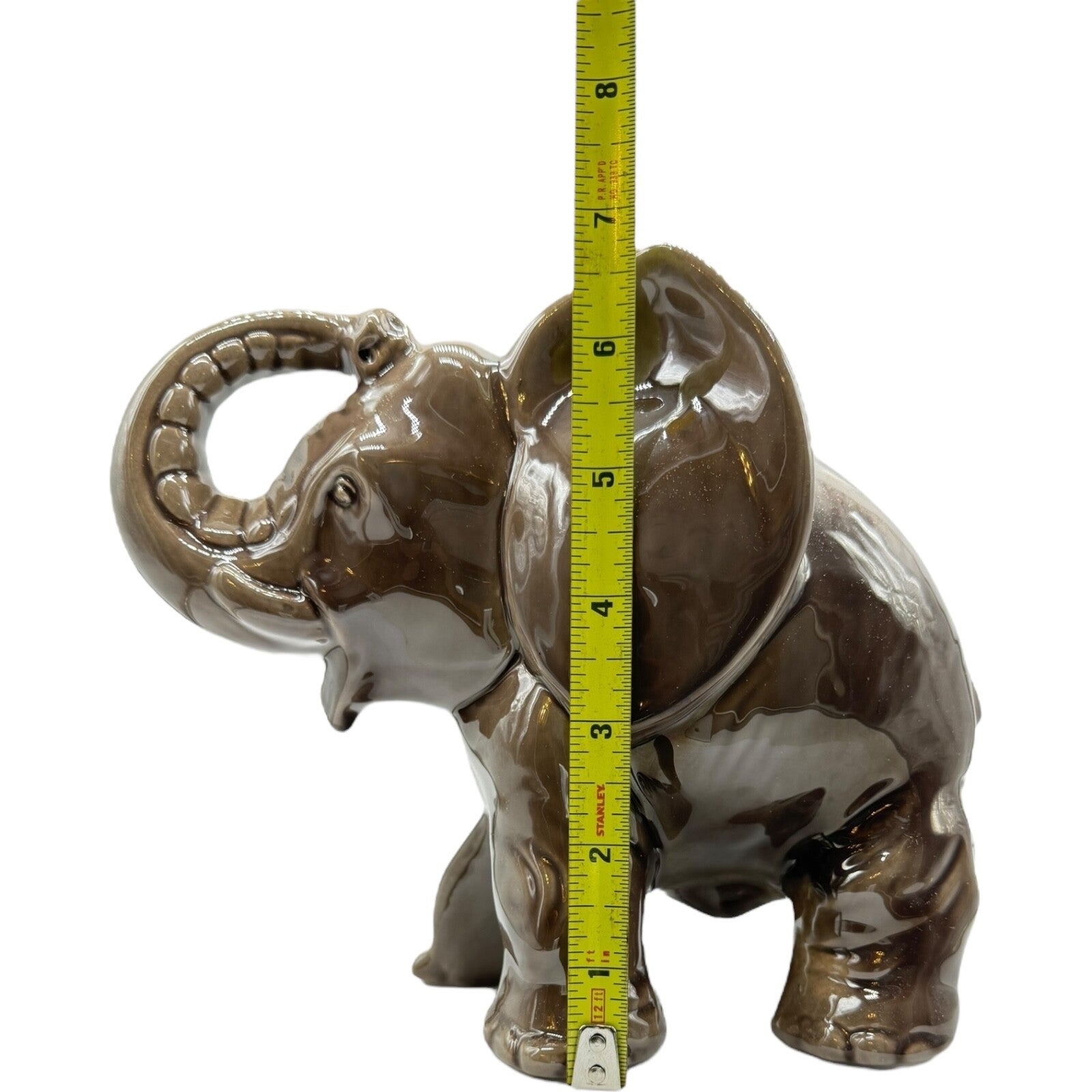 Vintage Porcelain Elephant Figurine 7" Japan | Trunk Up Good Luck | Gray/Brown