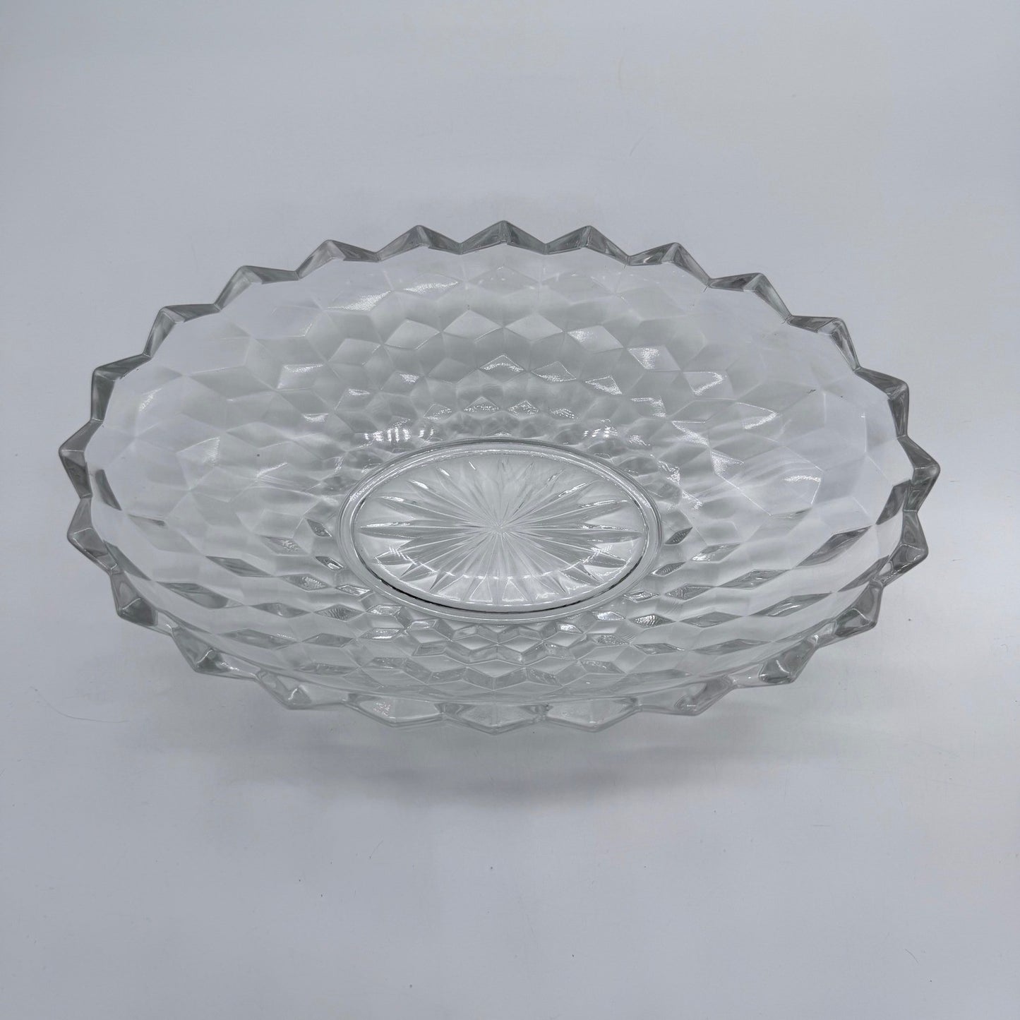 Vintage Cut Glass Serving Bowl Diamond Pattern Scalloped Rim 11 Inch