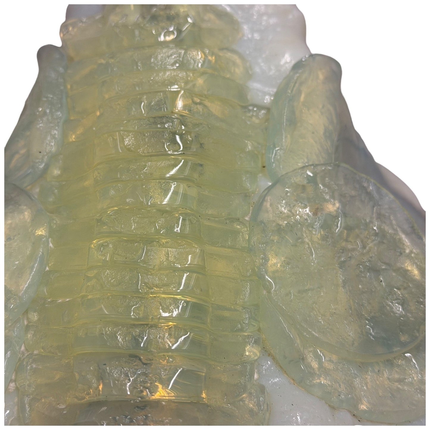 Vintage Abstract Art Glass Sculpture White Opaline Green Accent Cubist Base 1970
