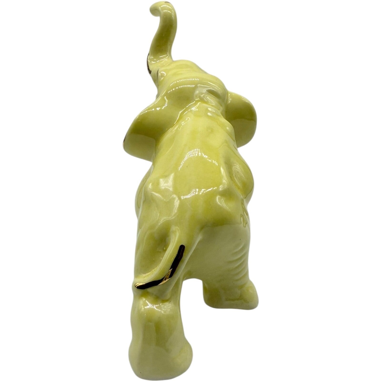 Vintage Ceramic Elephant Figurine Trunk Up | Yellow with Golden Trim | Good Luck