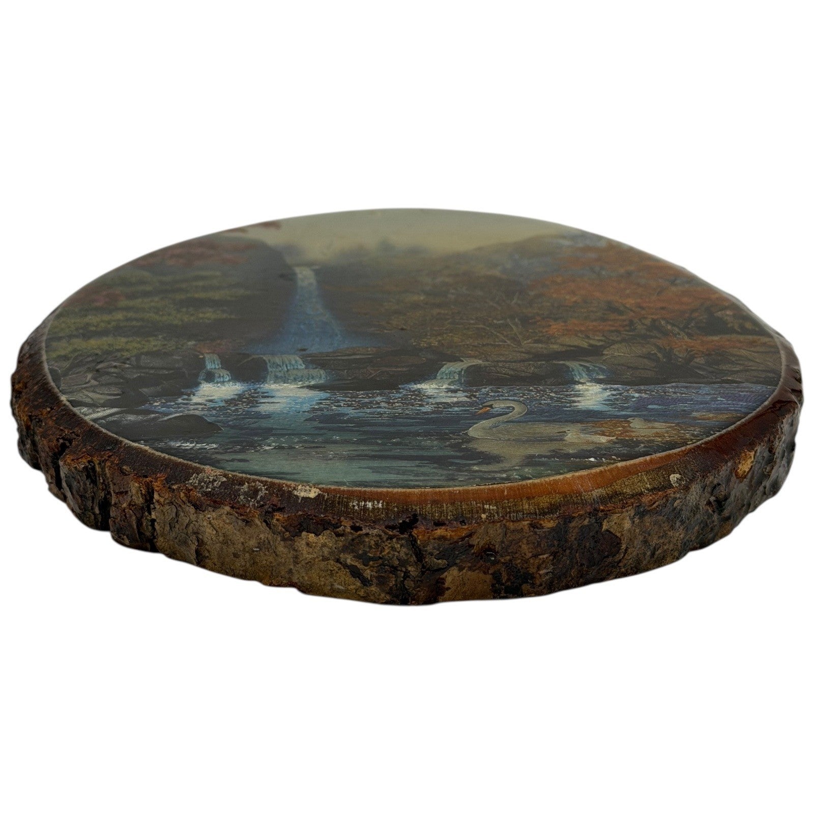 Catskill Game Farm Waterfall Swan Wood Slice Wall Art Made in USA