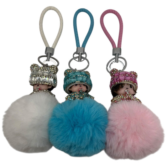 Cute Doll Fur Ball Keychain Rhinestone Hat Keychain Bag Charm Gift