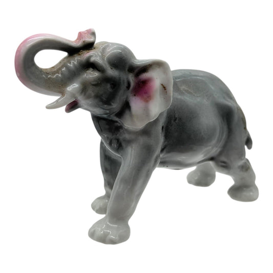 Elephant Figurine Ceramic Gray Pink Trunk Up Good Luck Home Decor Vintage Statue