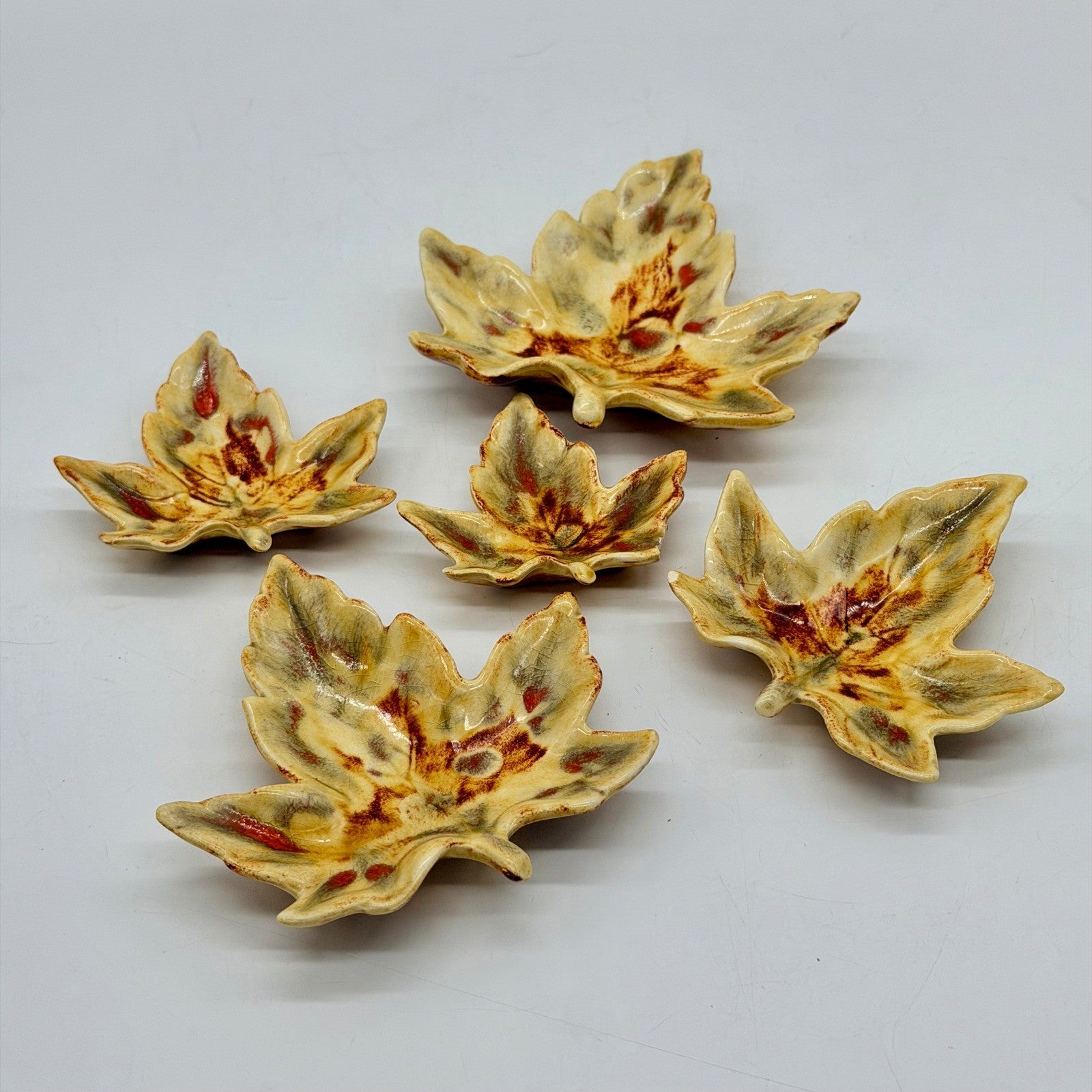 Vintage 1963 Ceramic Leaf Dishes Set of 5 Fall Drip Glaze Appetizer Trays