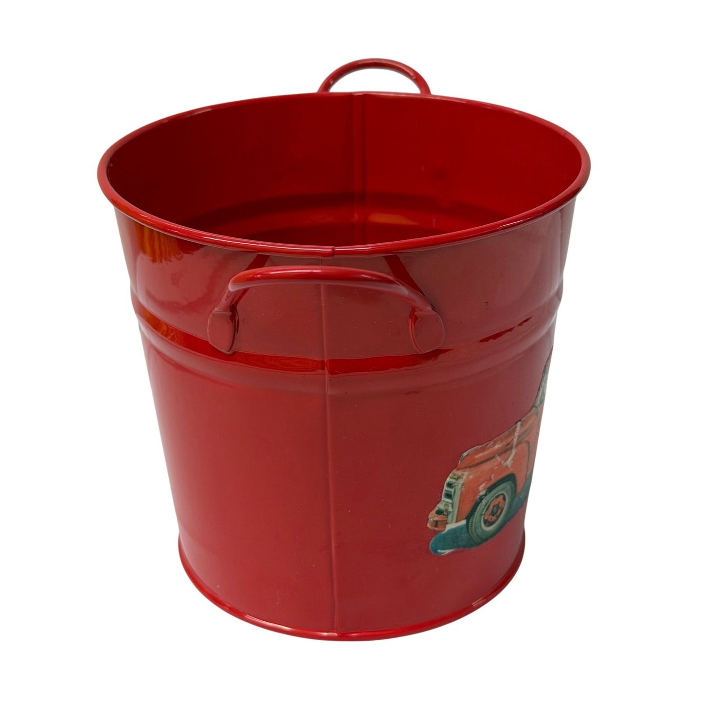 Red Metal Bucket with Vintage Pickup Truck Graphic and Handles