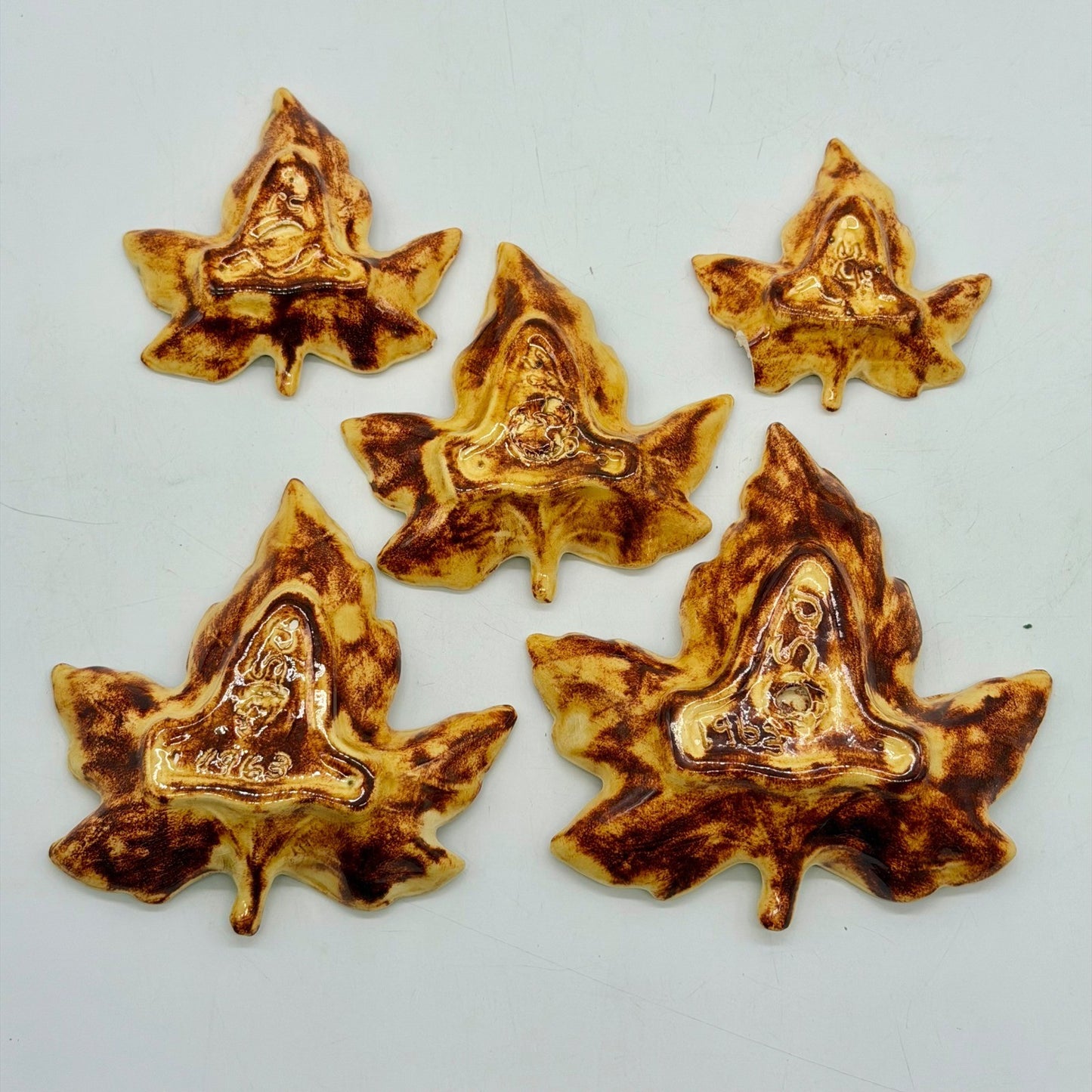 Vintage 1963 Ceramic Leaf Dishes Set of 5 Fall Drip Glaze Appetizer Trays