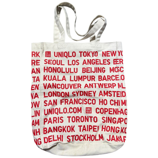 Uniqlo Canvas Tote Bag White Red City Names Graphic Print Top Handle