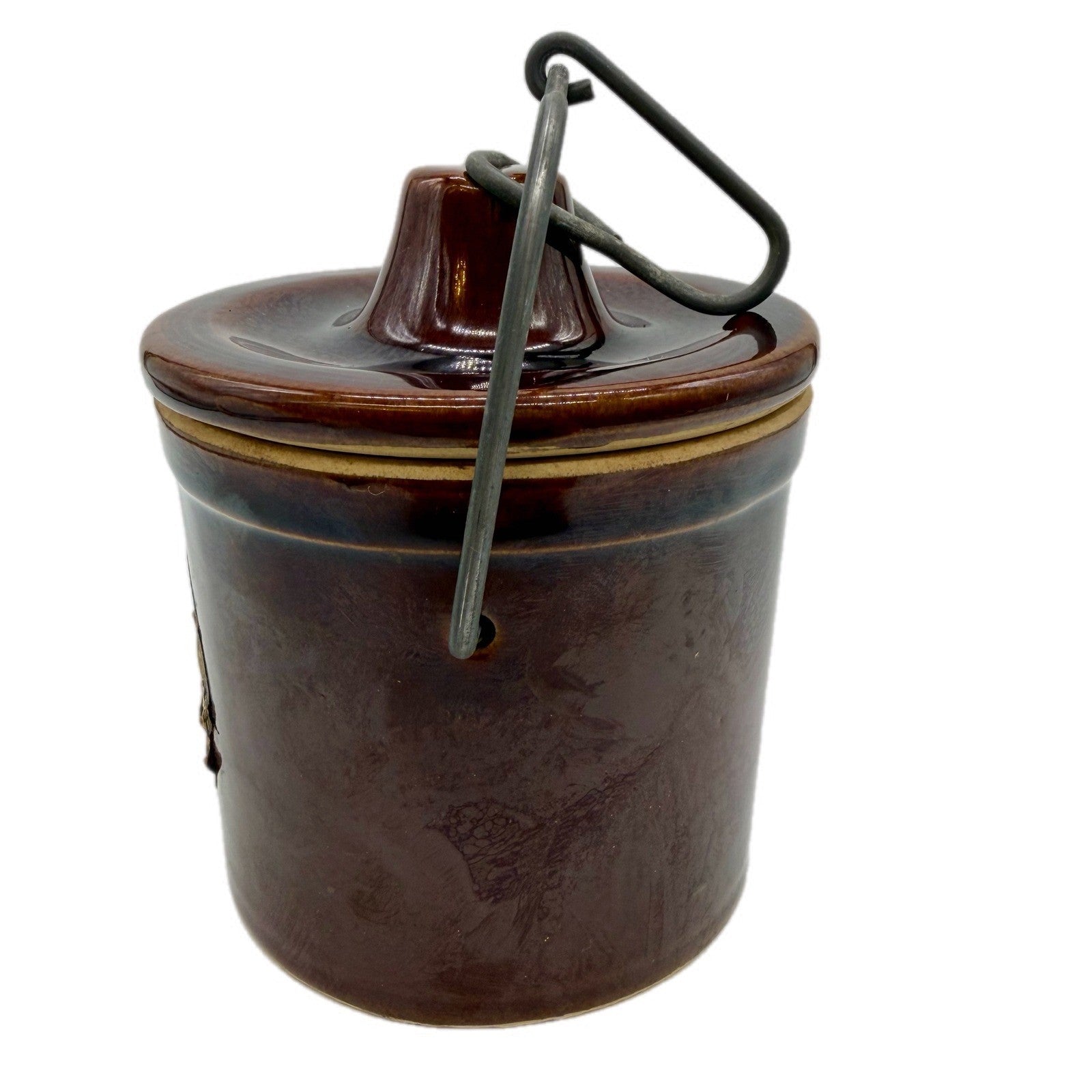 Vintage Swiss Colony Pecan Cheddar Crock Jug Jar with Lid Wire Handle