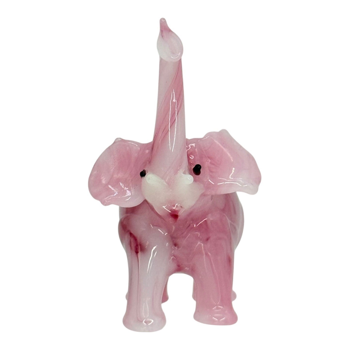 Art Glass Elephant Figurine Pink Swirl Trunk Up Good Luck Charm Decor