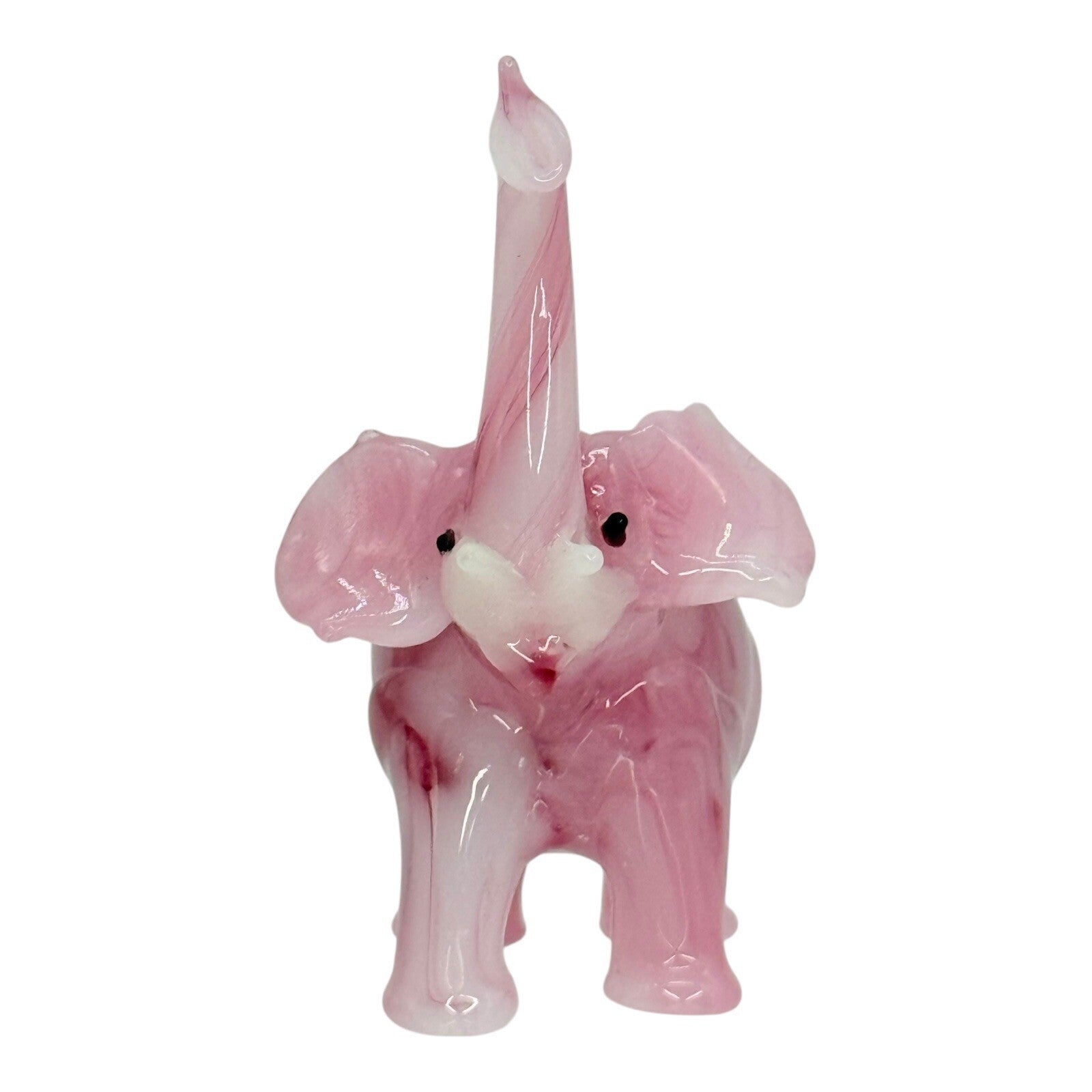 Art Glass Elephant Figurine Pink Swirl Trunk Up Good Luck Charm Decor
