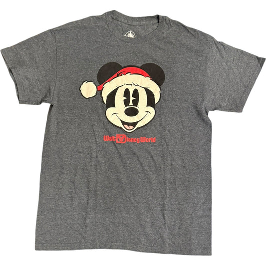 Walt Disney World Christmas Mickey Mouse Santa Grey Short Sleeve T Shirt Small