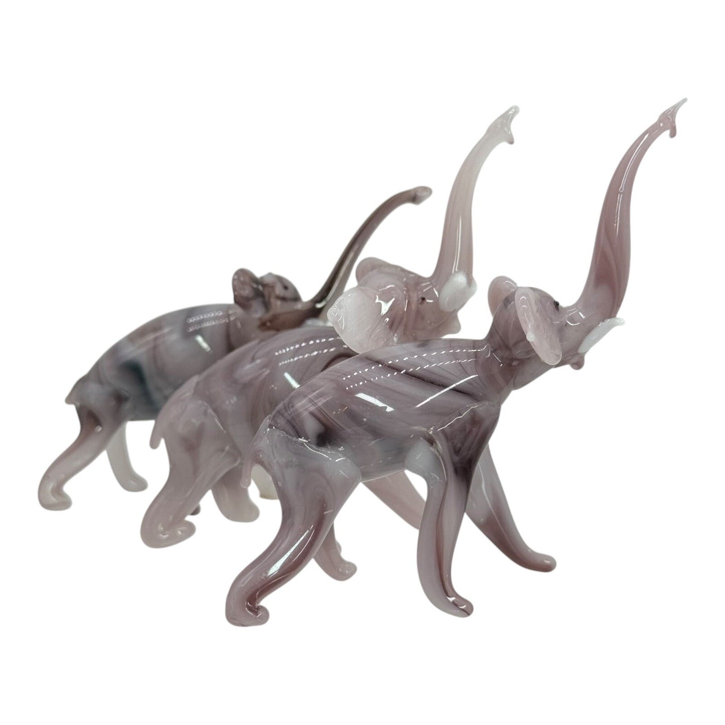 Murano Style Glass Elephant Figurines Set of 3 Trunk Up Good Luck Decor