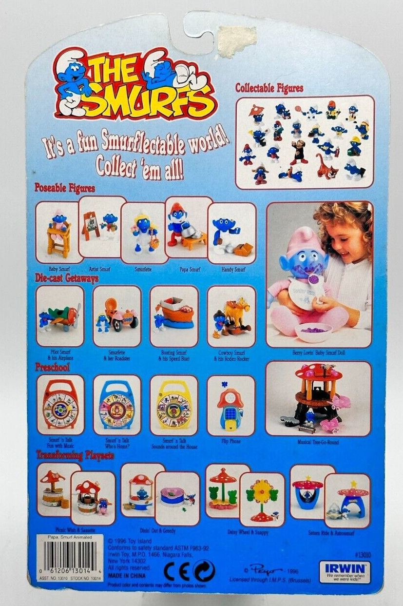 Vintage 1996 Irwin Toy Island The Smurfs Papa Smurf Posable Figure ON CARD