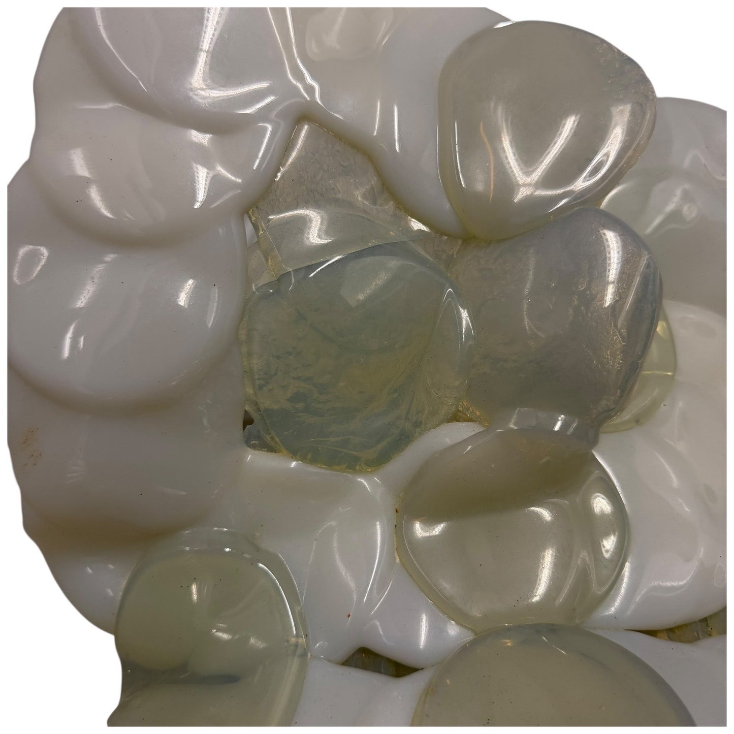 Vintage Abstract Art Glass Sculpture White Opaline Green Accent Cubist Base 1970