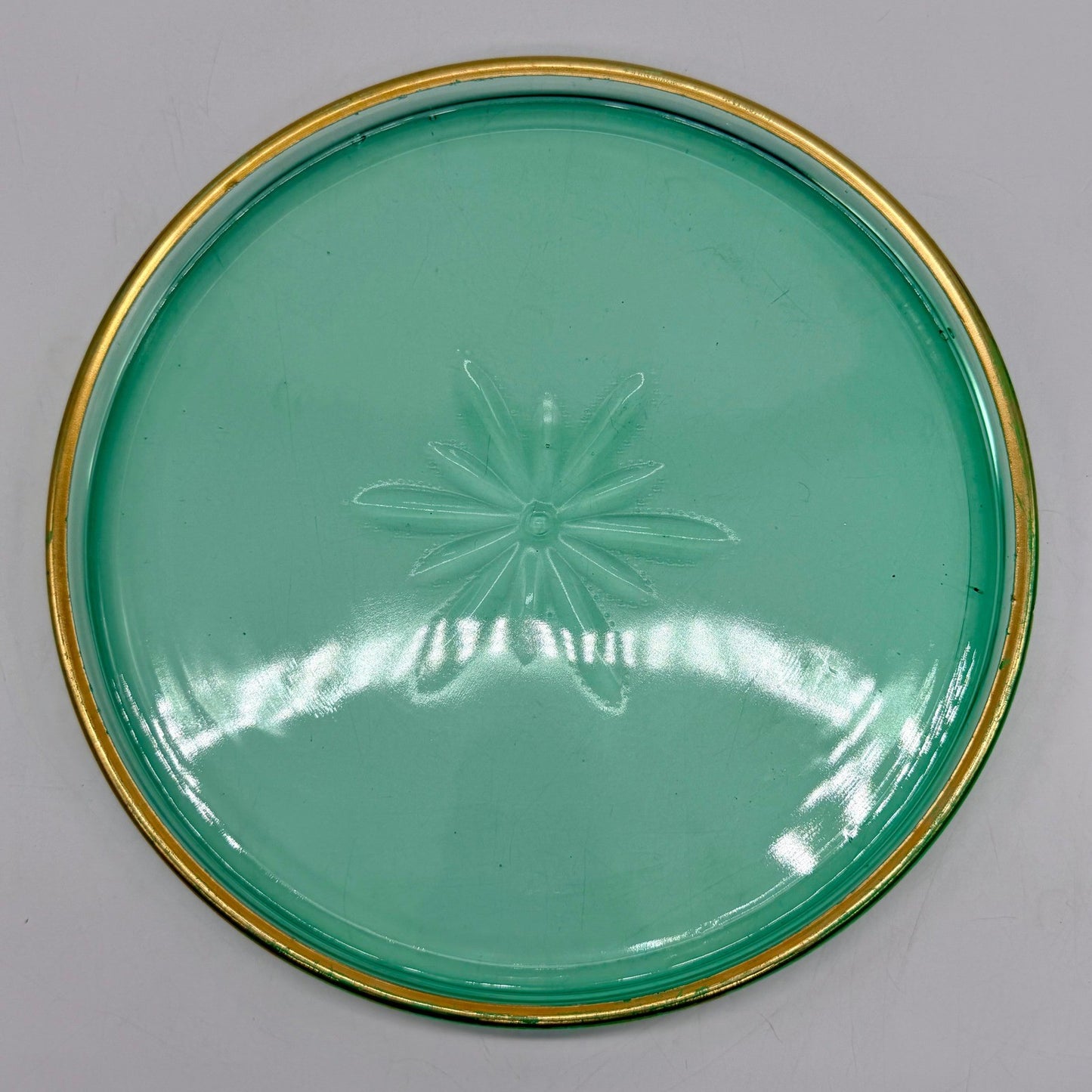 Vintage Green Uranium Glass Tray Starburst Pattern Gold Rim UV Reactive
