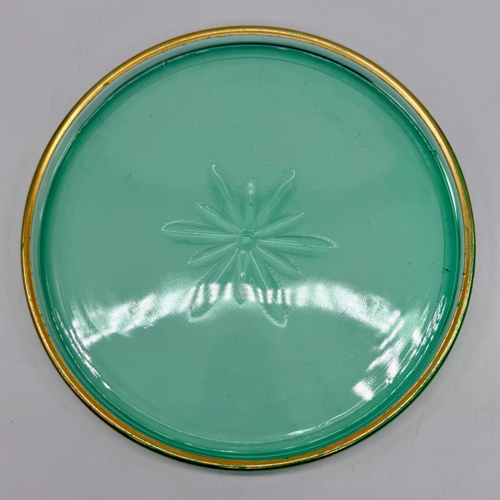 Vintage Green Uranium Glass Tray Starburst Pattern Gold Rim UV Reactive