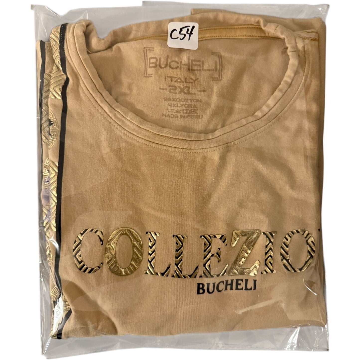 Bucheli Italy Men’s Slim Fit T-Shirt 2XL Beige Gold/Black Print