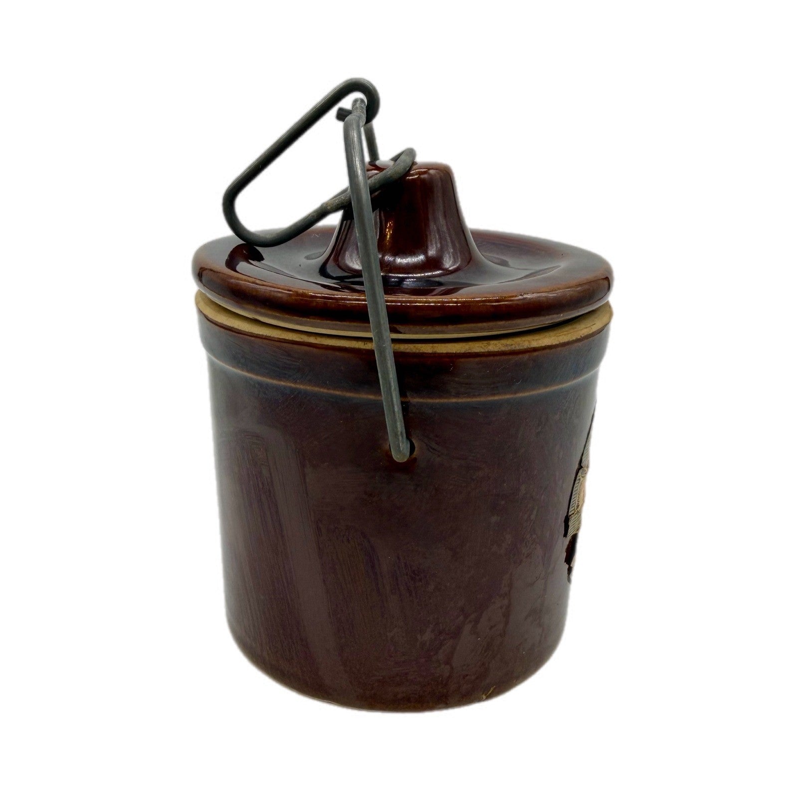 Vintage Swiss Colony Pecan Cheddar Crock Jug Jar with Lid Wire Handle