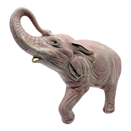 Pink Elephant Figurine Gold Accents Trunk Up Good Luck Home Decor Statue